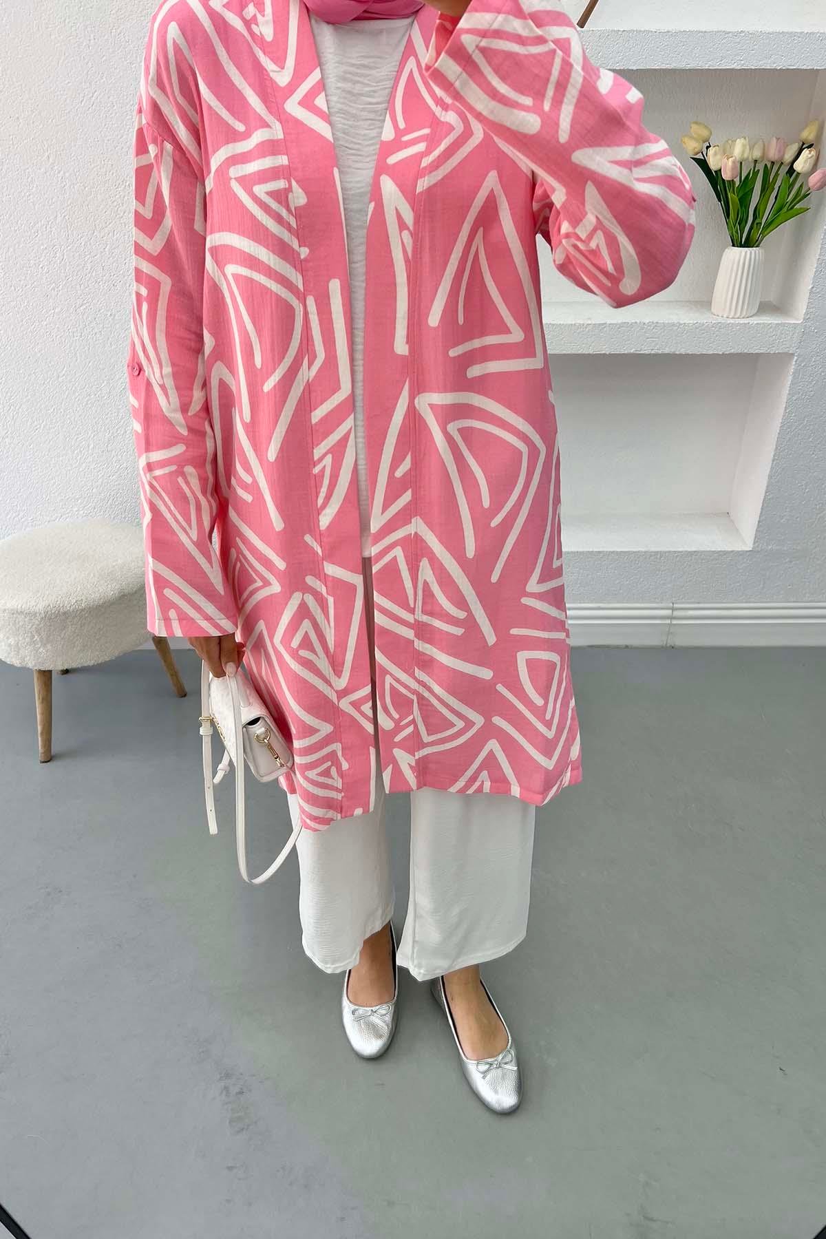 Desenli Keten Kimono Pembe