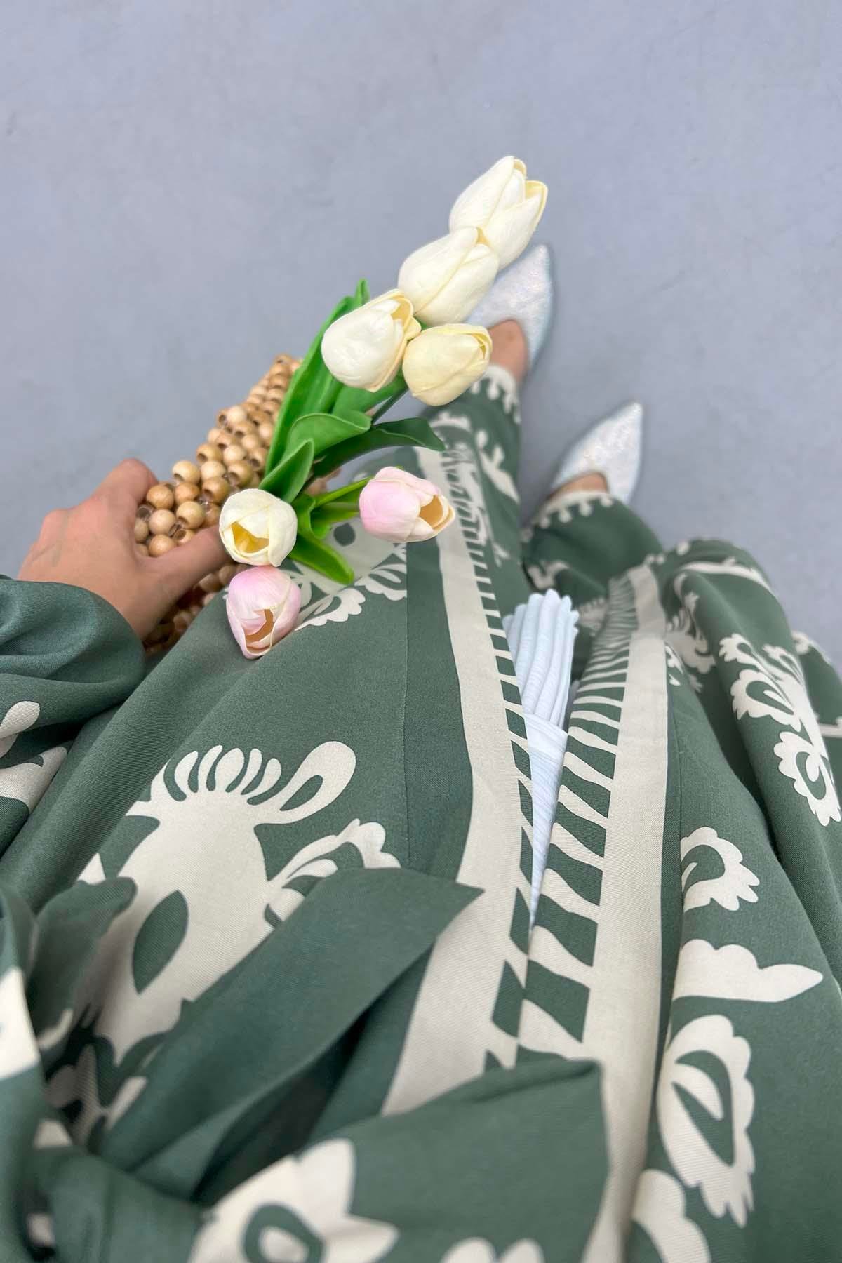 Desenli Kimono Takım Haki