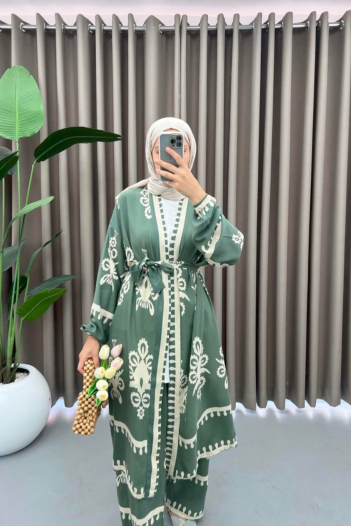 Desenli Kimono Takım Haki