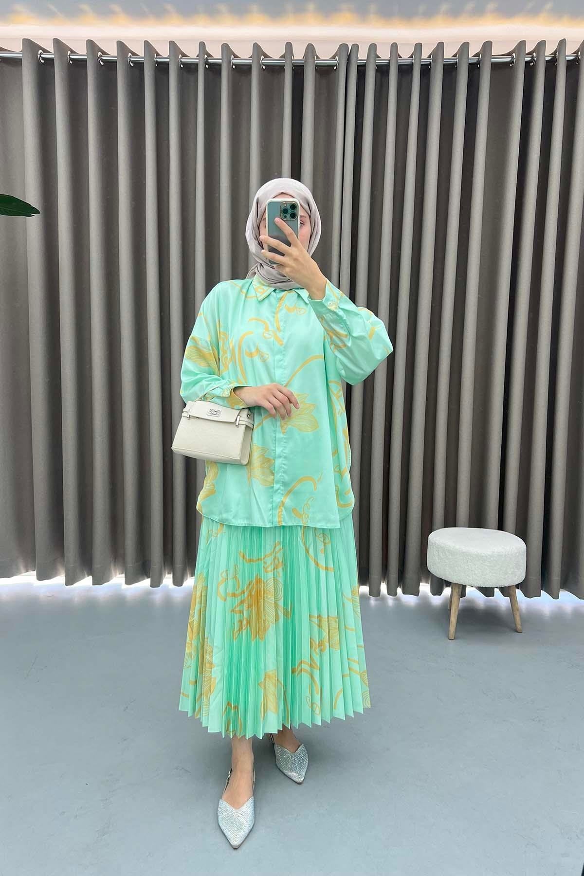 Desenli Saten Takım Mint Yeşili