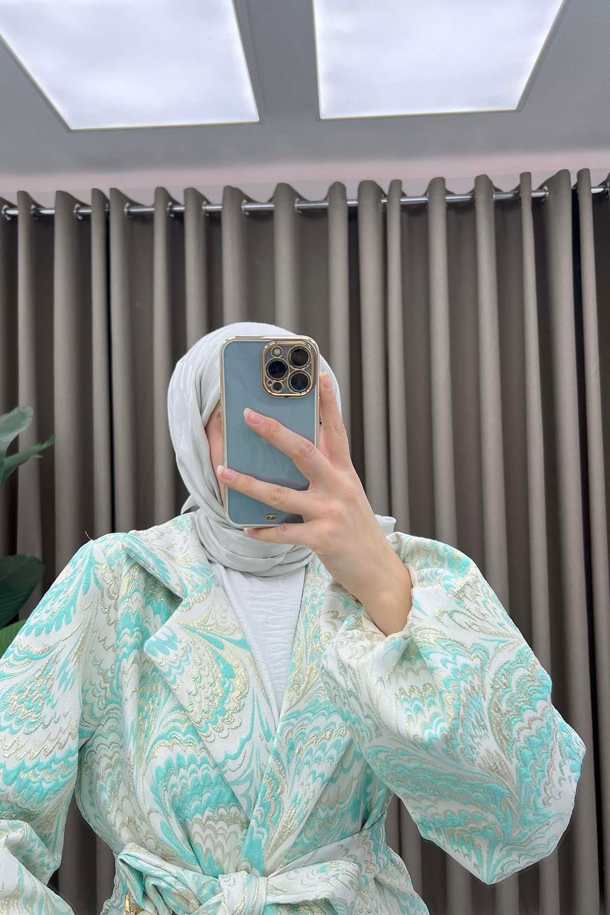 Desenli Simli Kimono Turkuaz