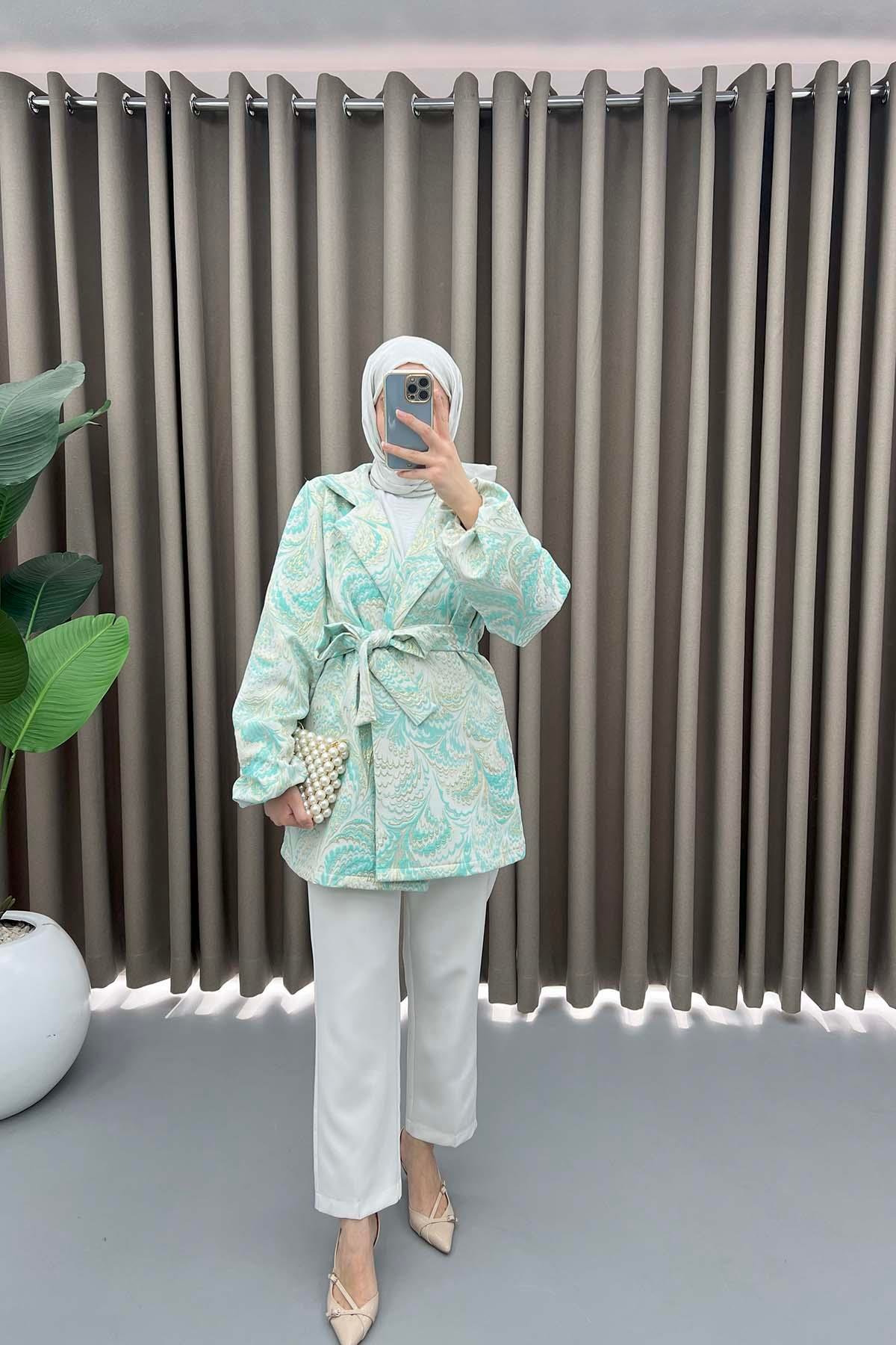 Desenli Simli Kimono Turkuaz