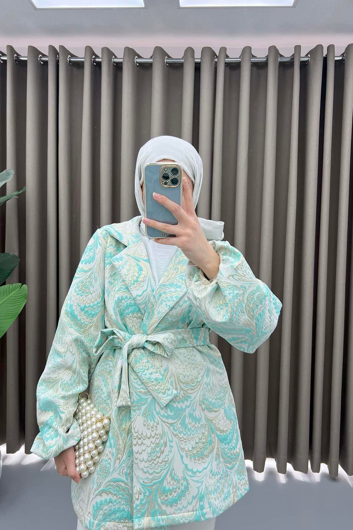 Desenli Simli Kimono Turkuaz