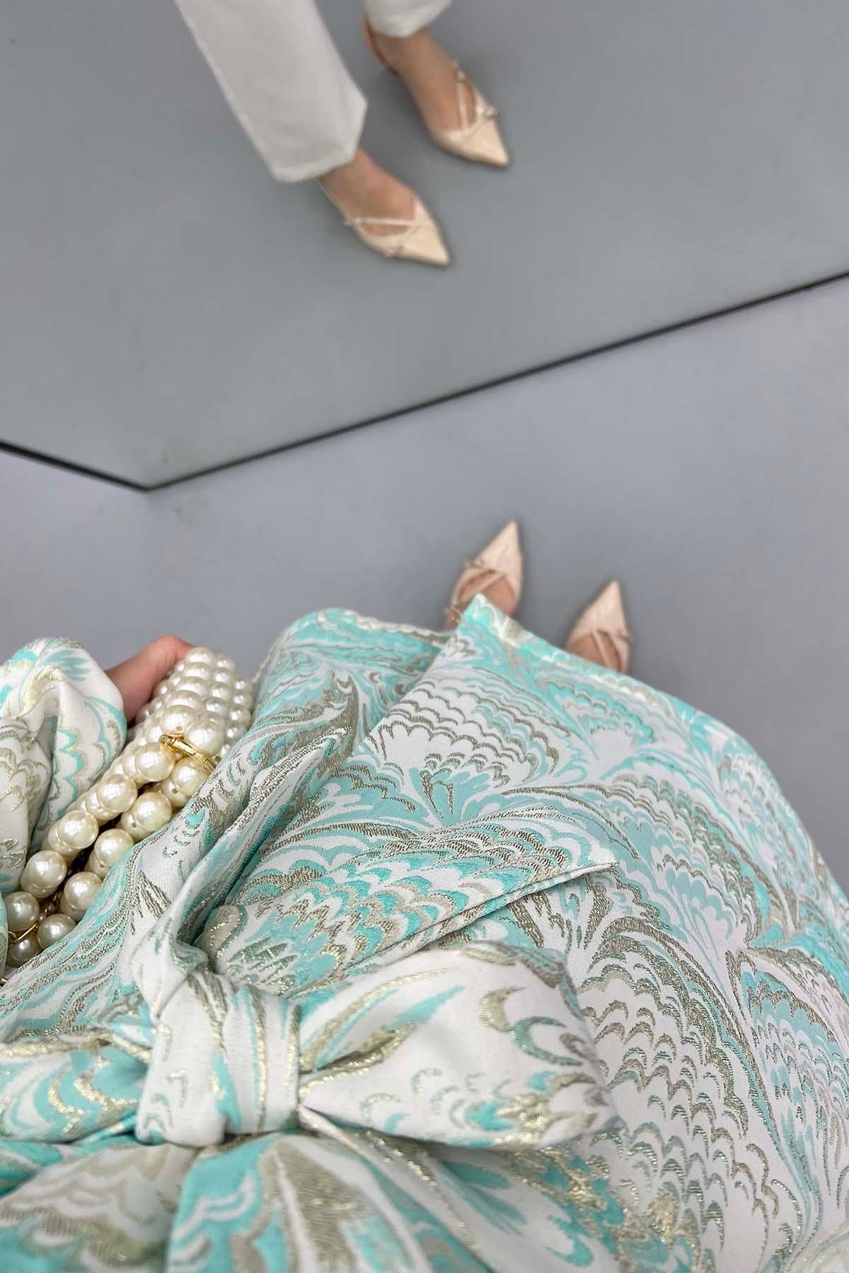 Desenli Simli Kimono Turkuaz