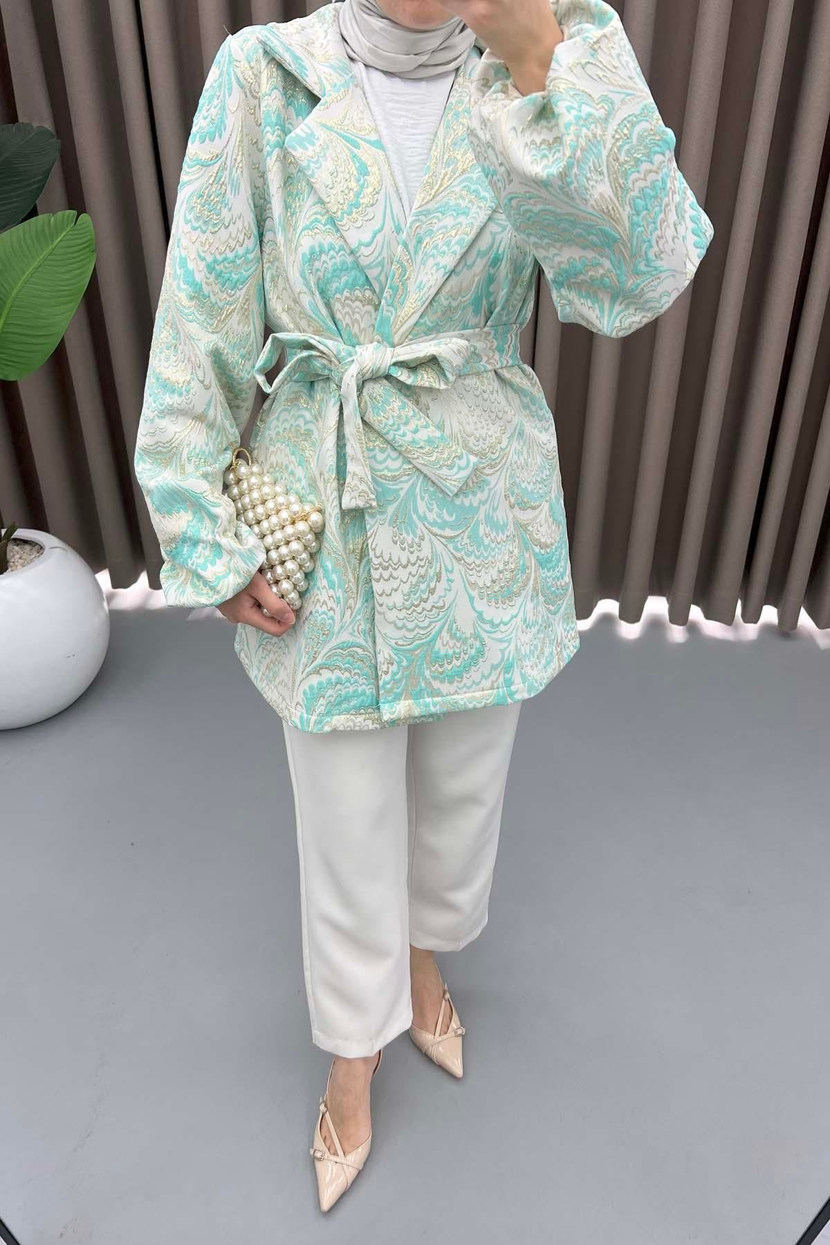 Desenli Simli Kimono Turkuaz