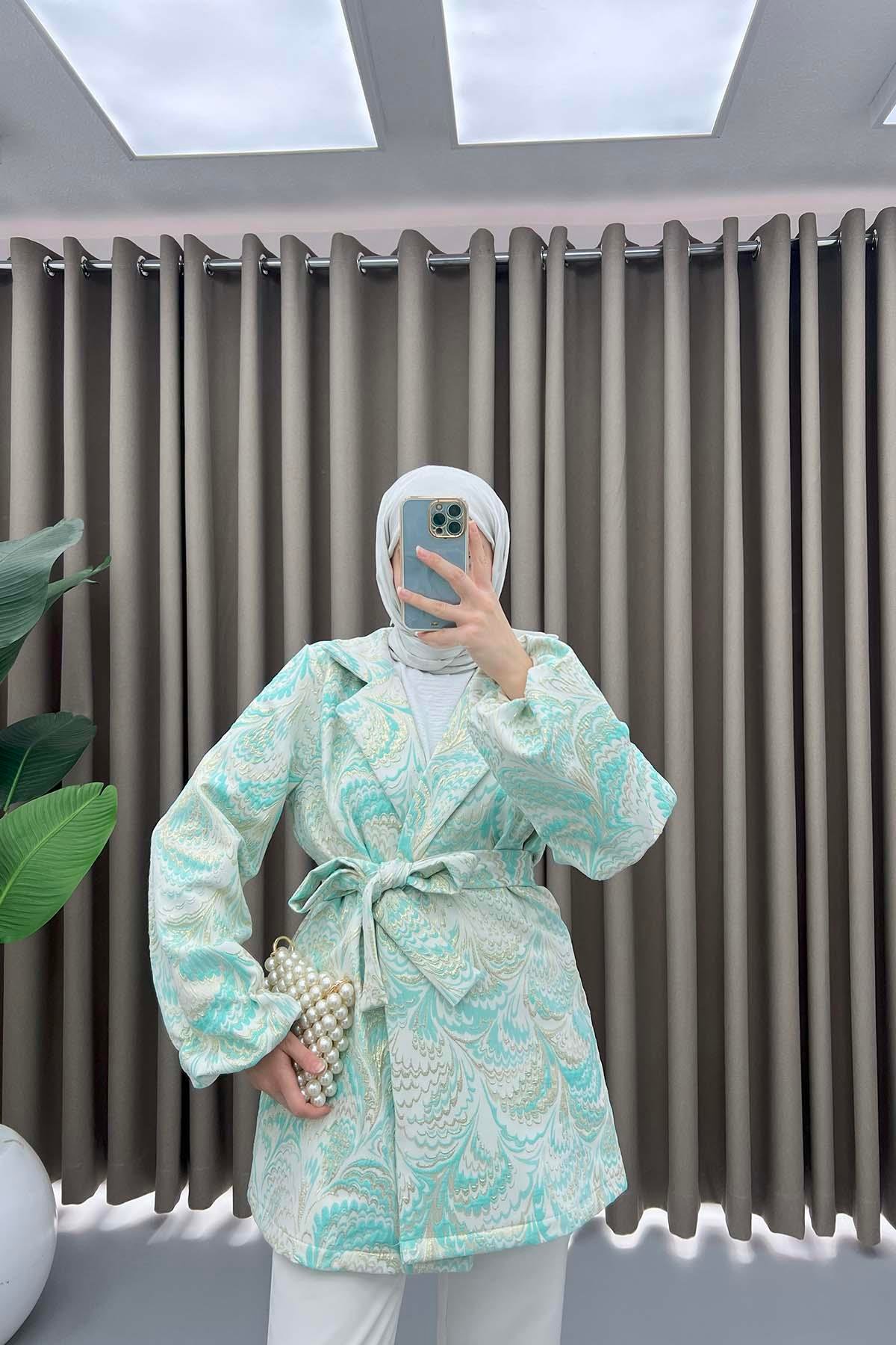 Desenli Simli Kimono Turkuaz