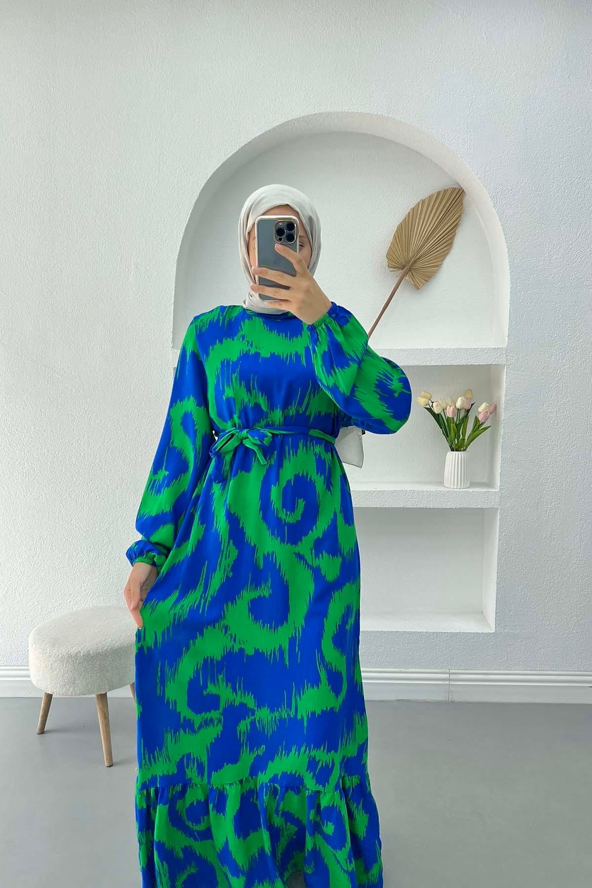 Desenli Viskon Elbise Saks Mavi