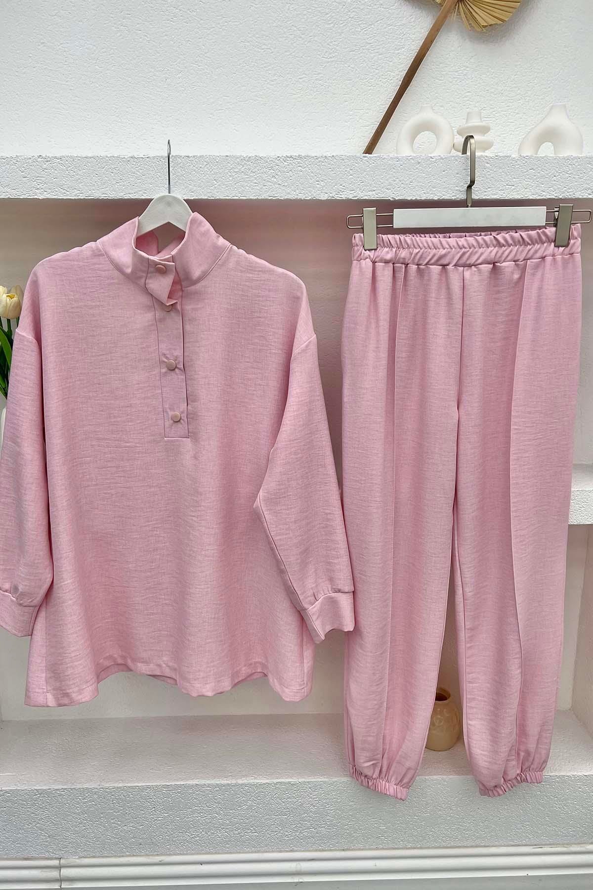 Dik Yaka Pantolon Takım Pembe