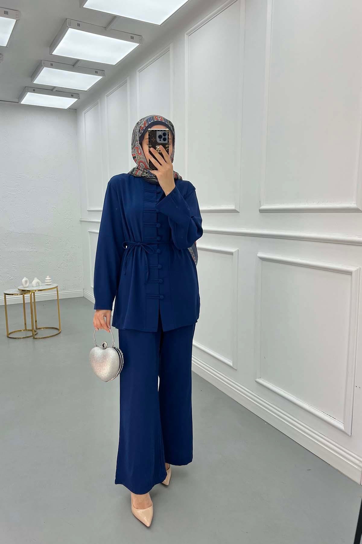 Düğme Detaylı Pantolon Takım Lacivert