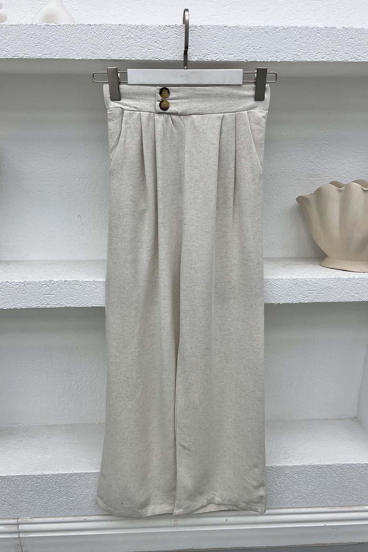 Düğme Detaylı Pantolon Taş