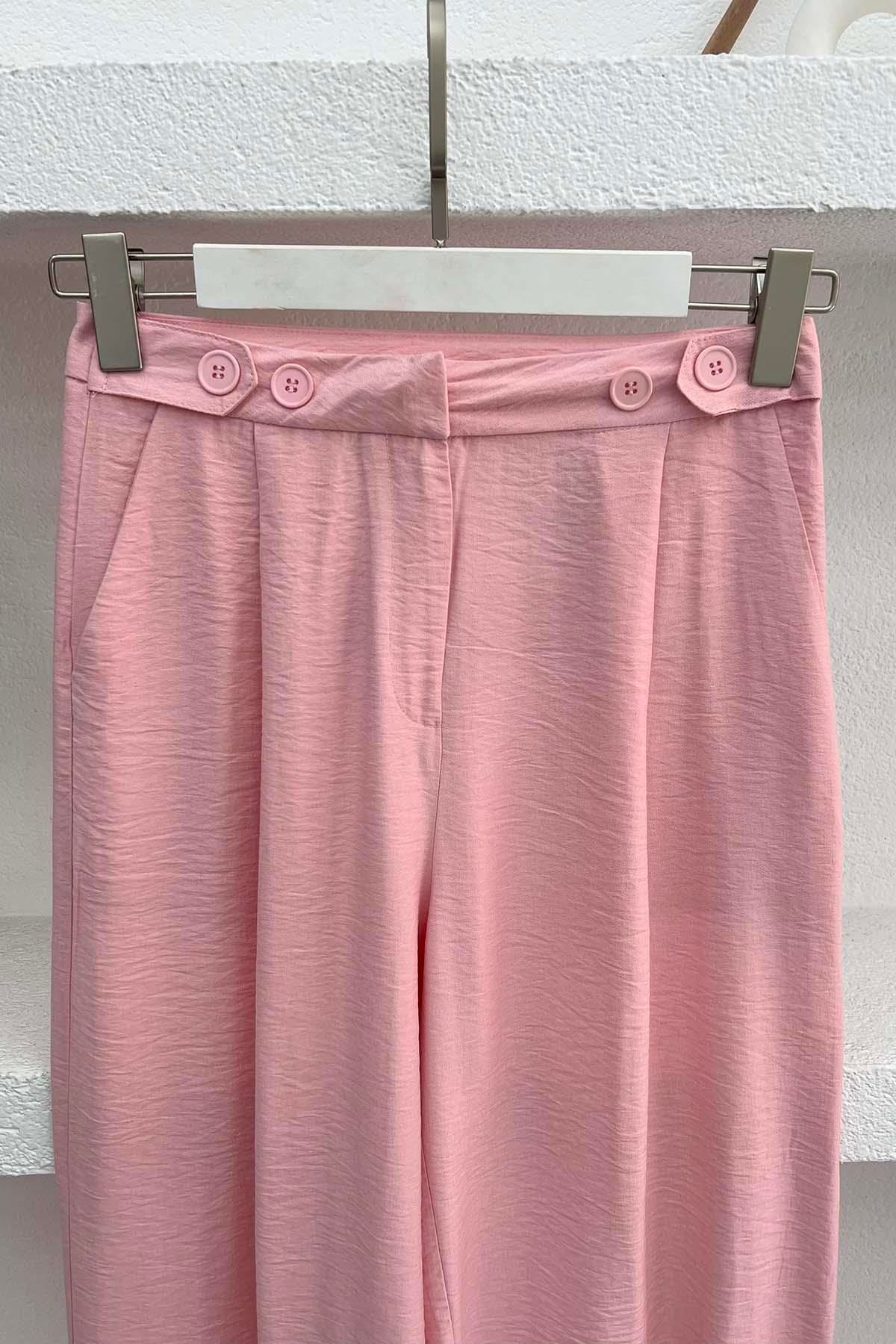 Düğme Detaylı Pensli Pantolon Pembe