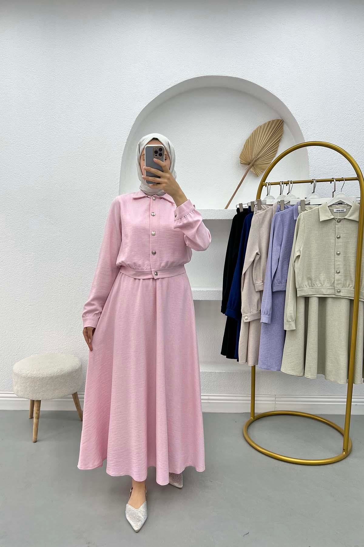 Düğmeli Etek Takım Pembe