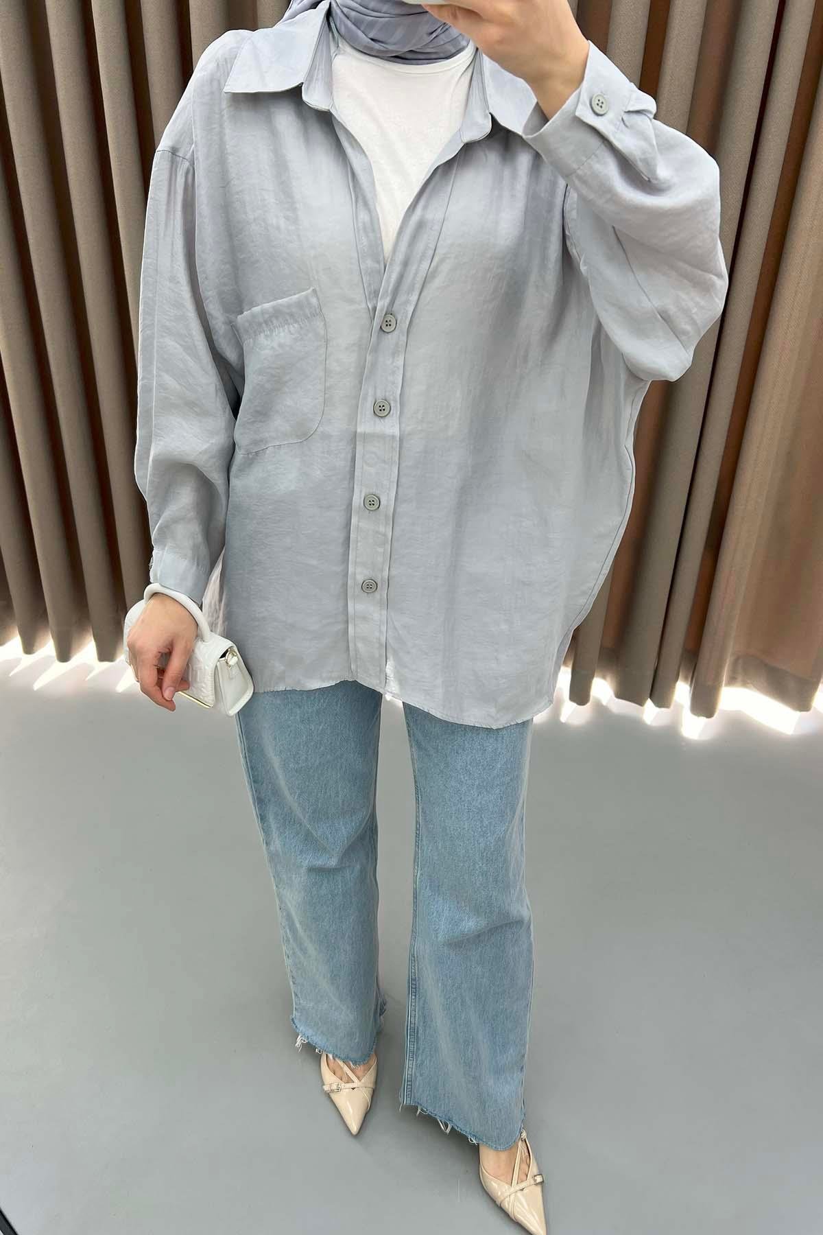 Düşük Omuzlu Oversize Gömlek Gri