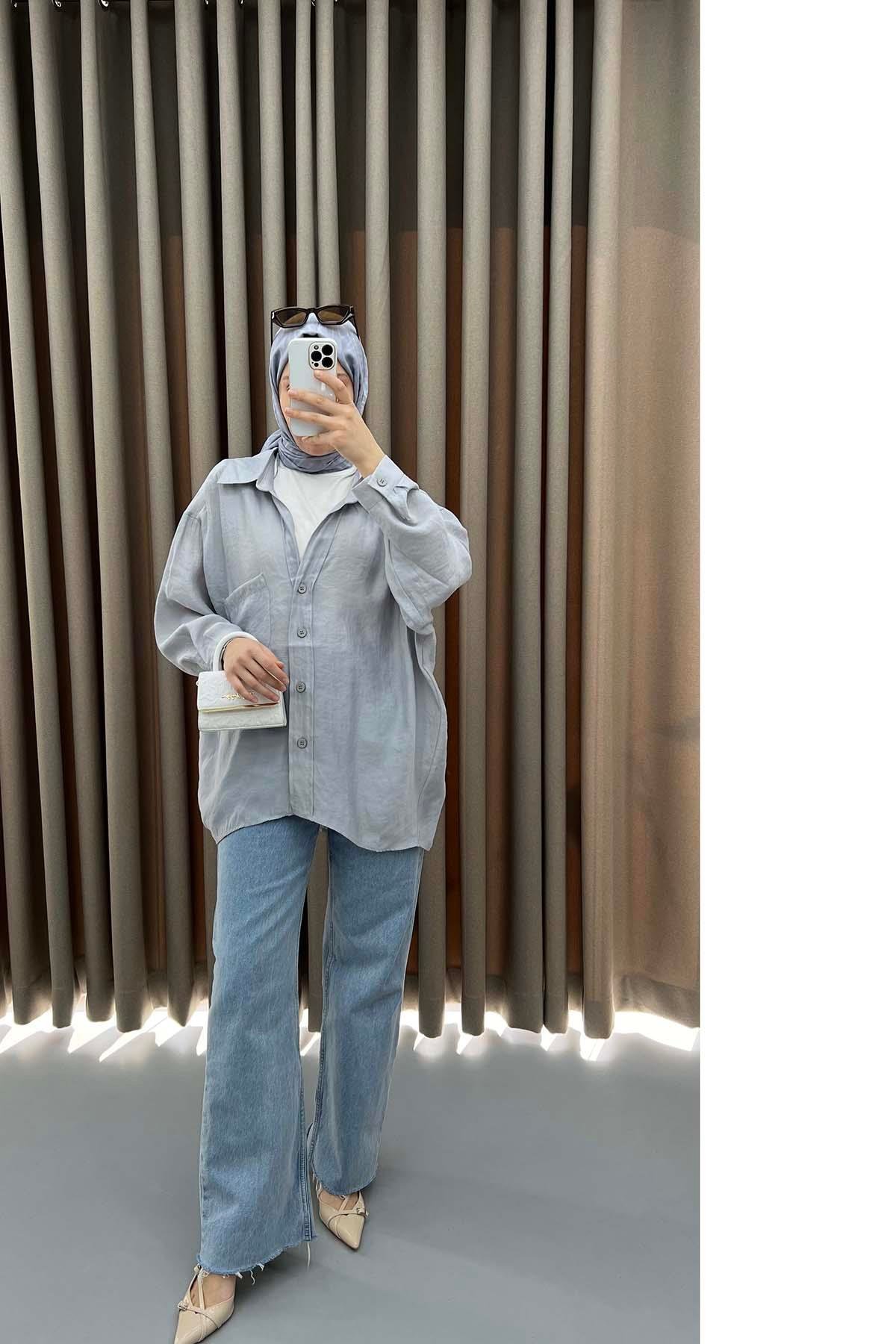 Düşük Omuzlu Oversize Gömlek Gri