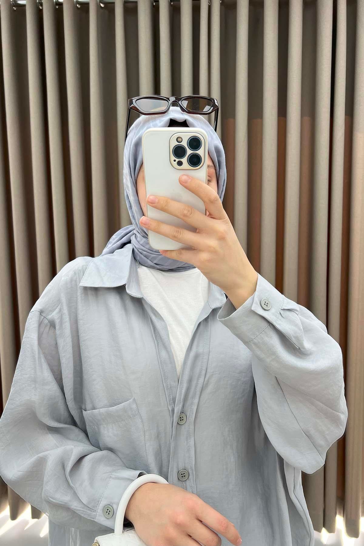 Düşük Omuzlu Oversize Gömlek Gri