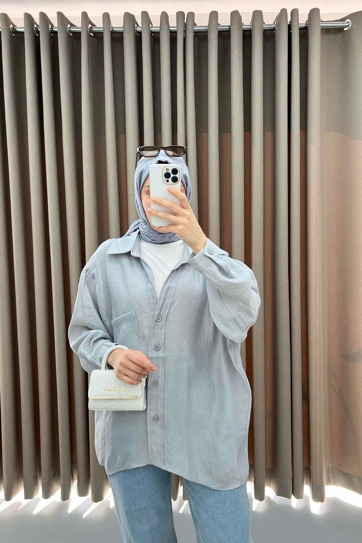 Düşük Omuzlu Oversize Gömlek Gri