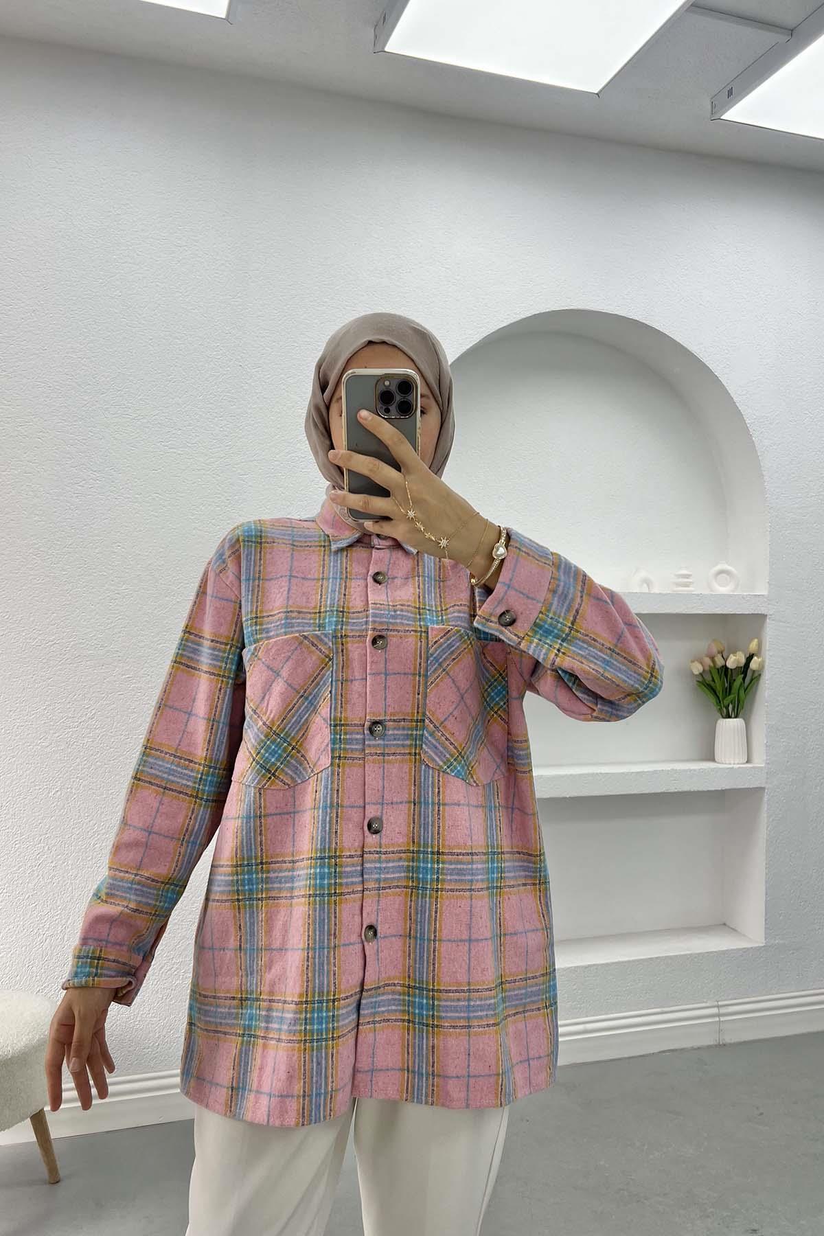 Ekoseli Kaşe Gömlek Pembe