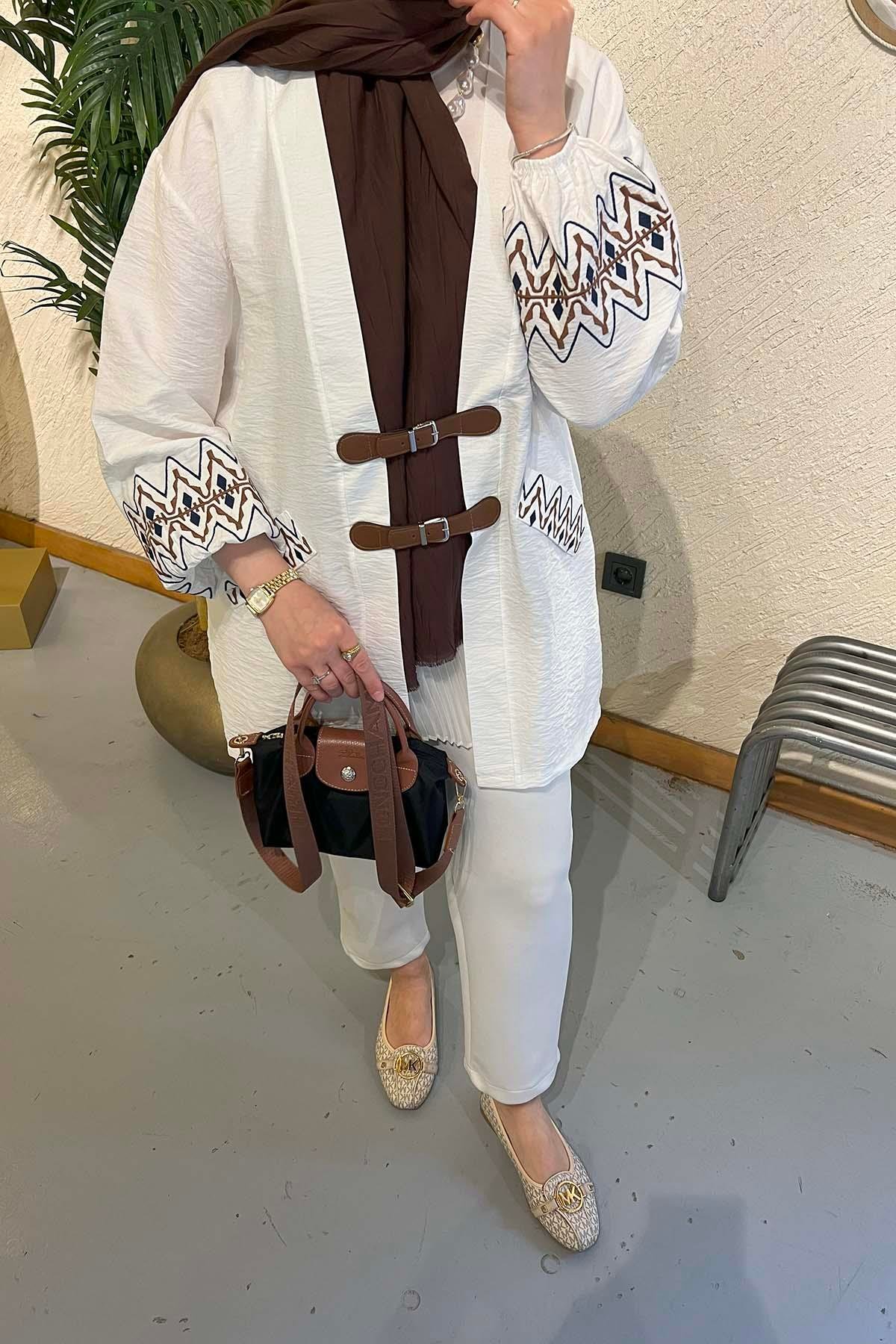 Etnik Desen Kemer Detaylı Kimono Beyaz