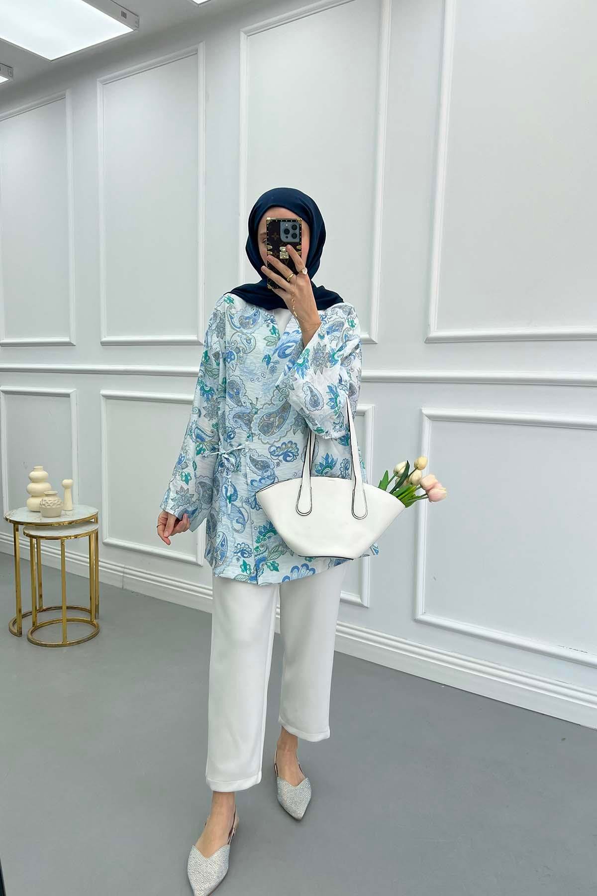 Etnik Desen Kimono Mavi