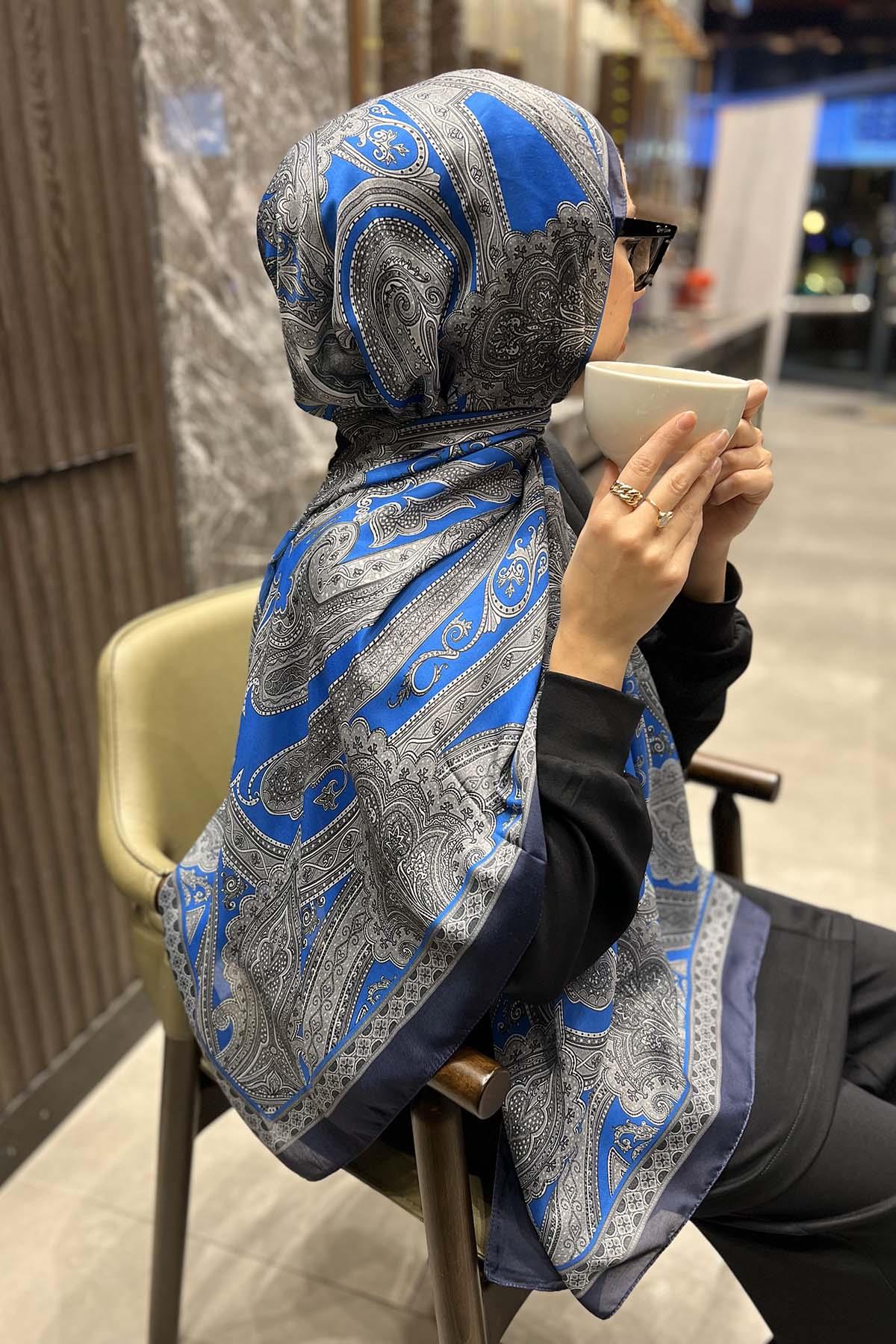 Etnik Desenli Şal Saks Mavi