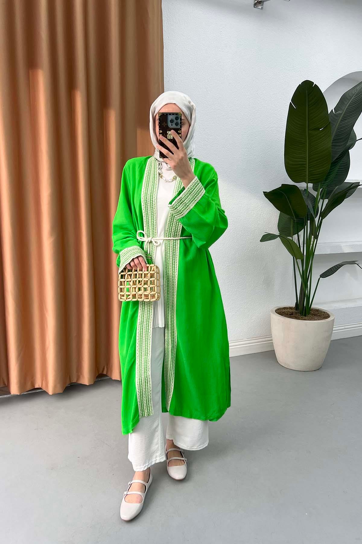 Etnik Şeritli Uzun Kimono Benetton Yeşil