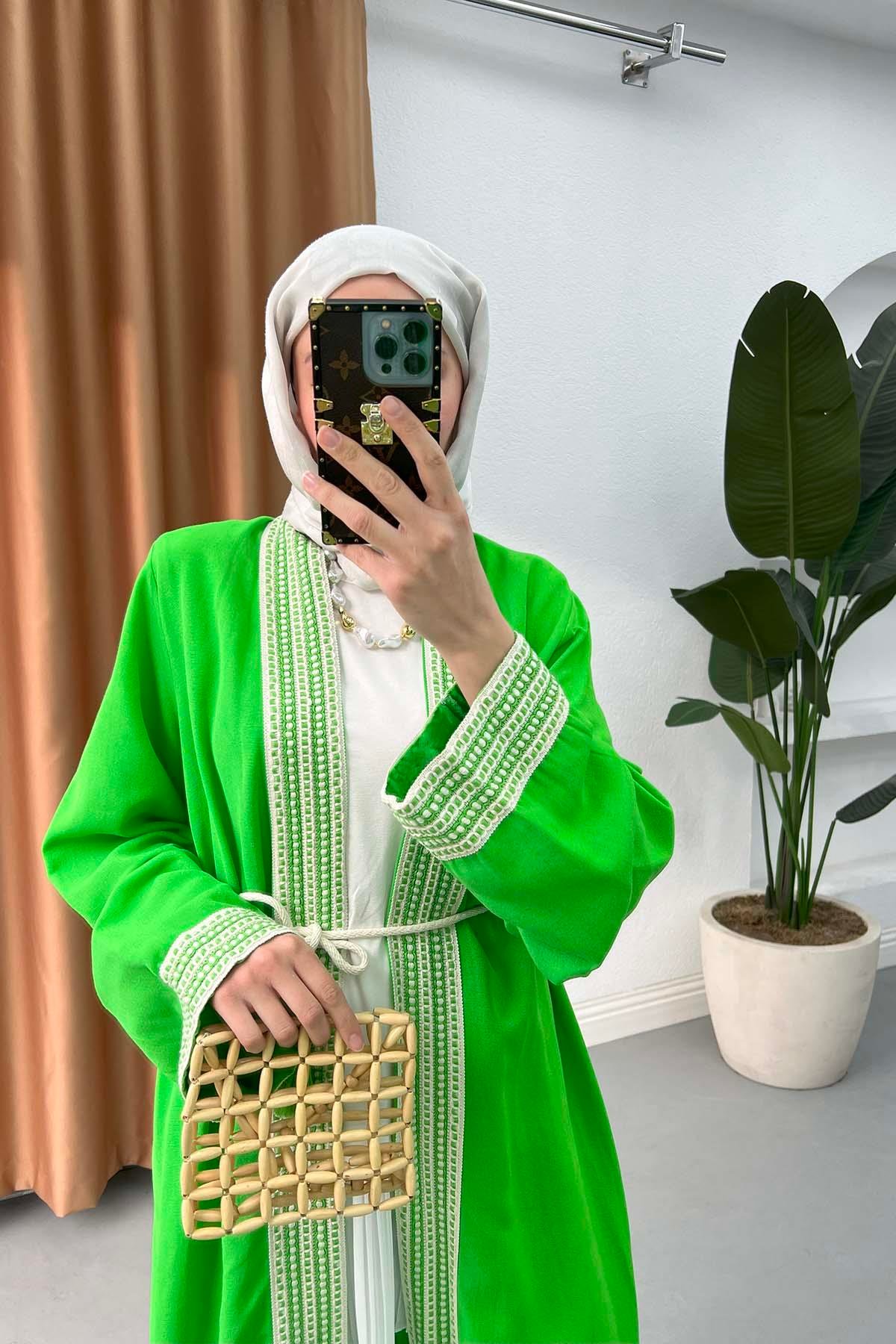 Etnik Şeritli Uzun Kimono Benetton Yeşil