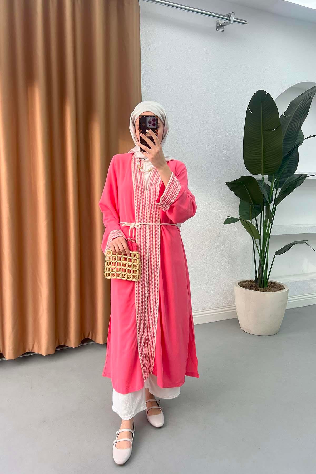 Etnik Şeritli Uzun Kimono Narçiçeği