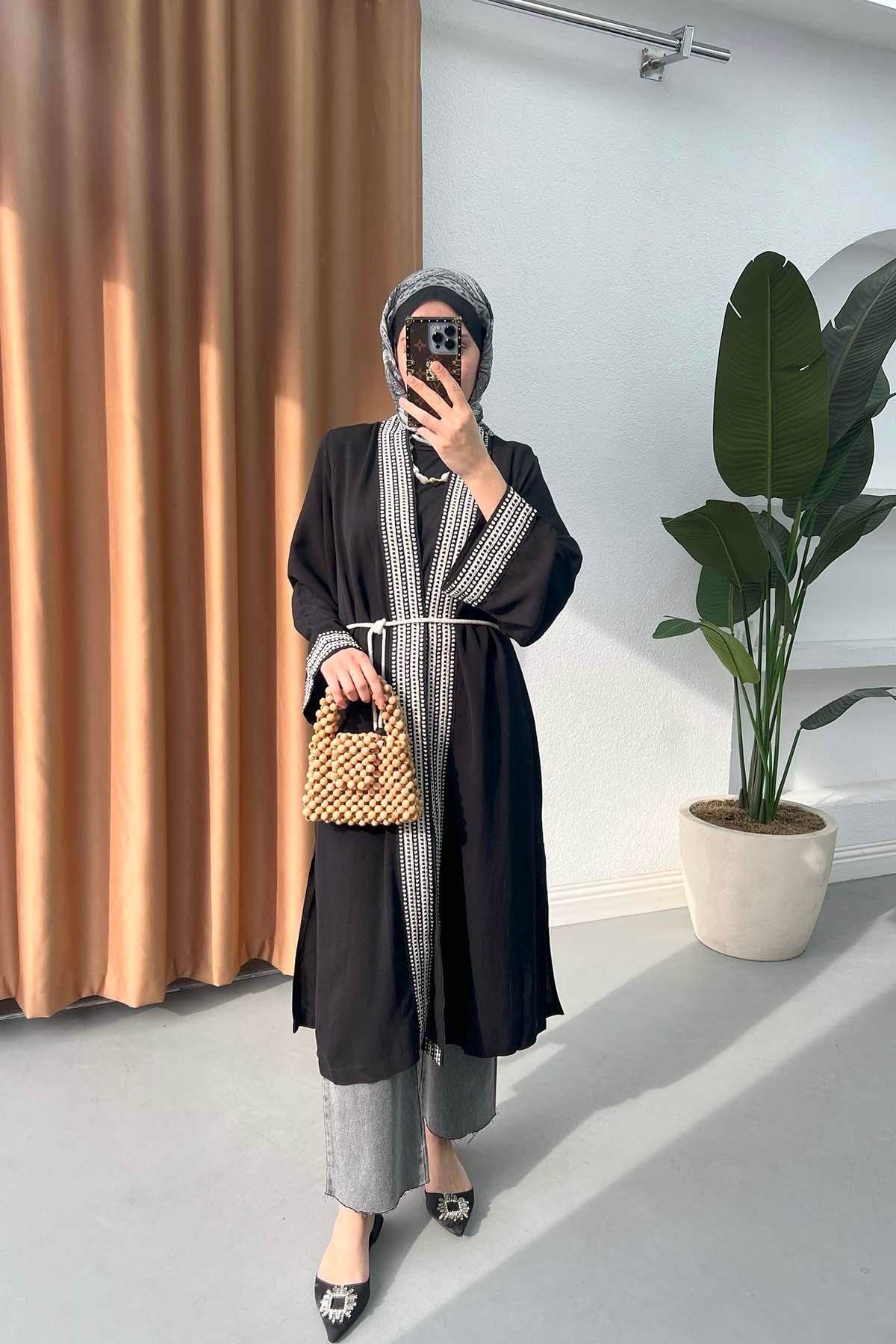 Etnik Şeritli Uzun Kimono Siyah