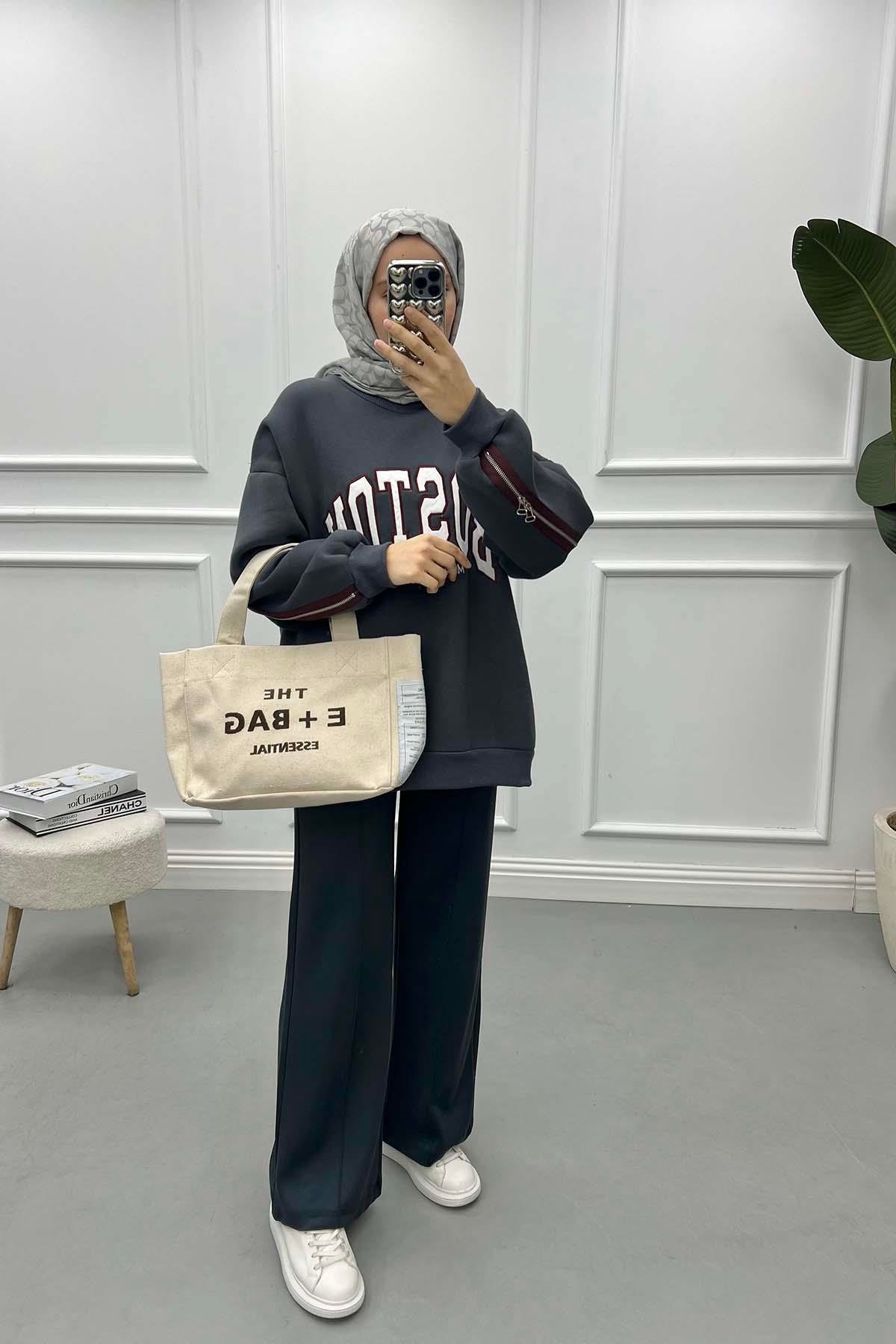 Fermuar Detaylı Üç İplik Sweatshirt Antrasit