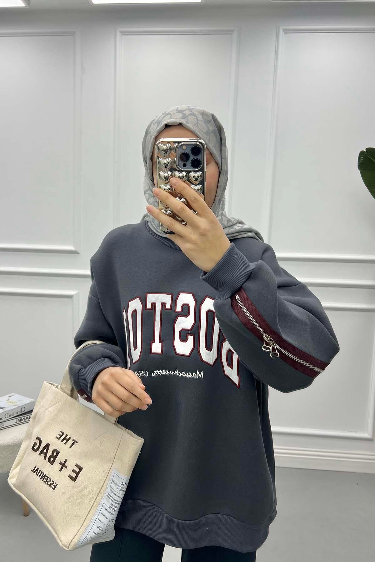 Fermuar Detaylı Üç İplik Sweatshirt Antrasit