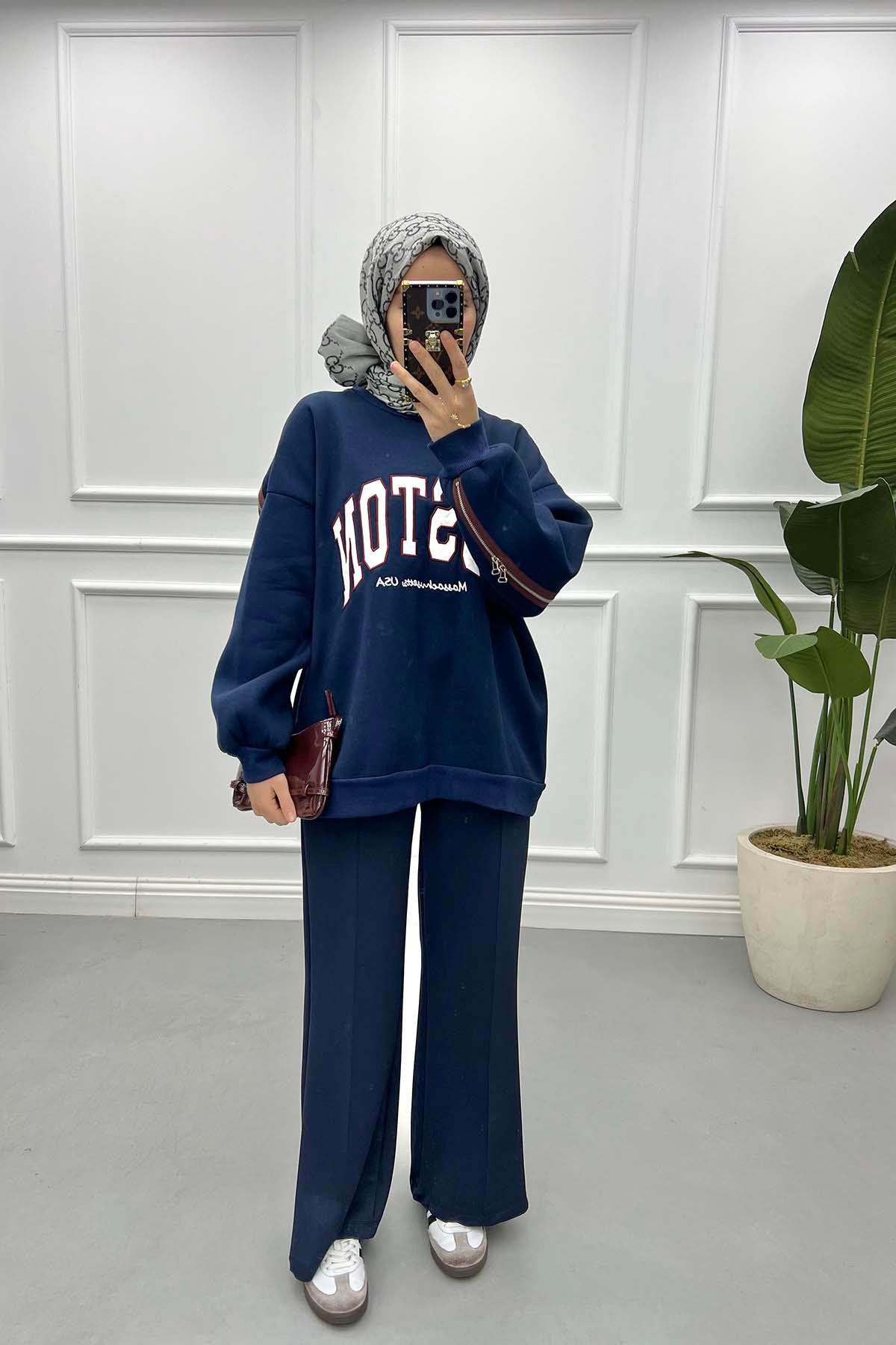 Fermuar Detaylı Üç İplik Sweatshirt Lacivert