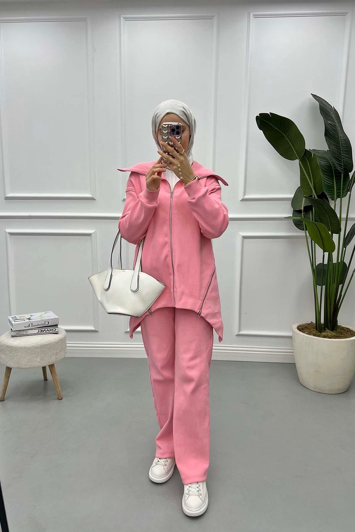 Fermuarlı Fitilli Takım Pembe
