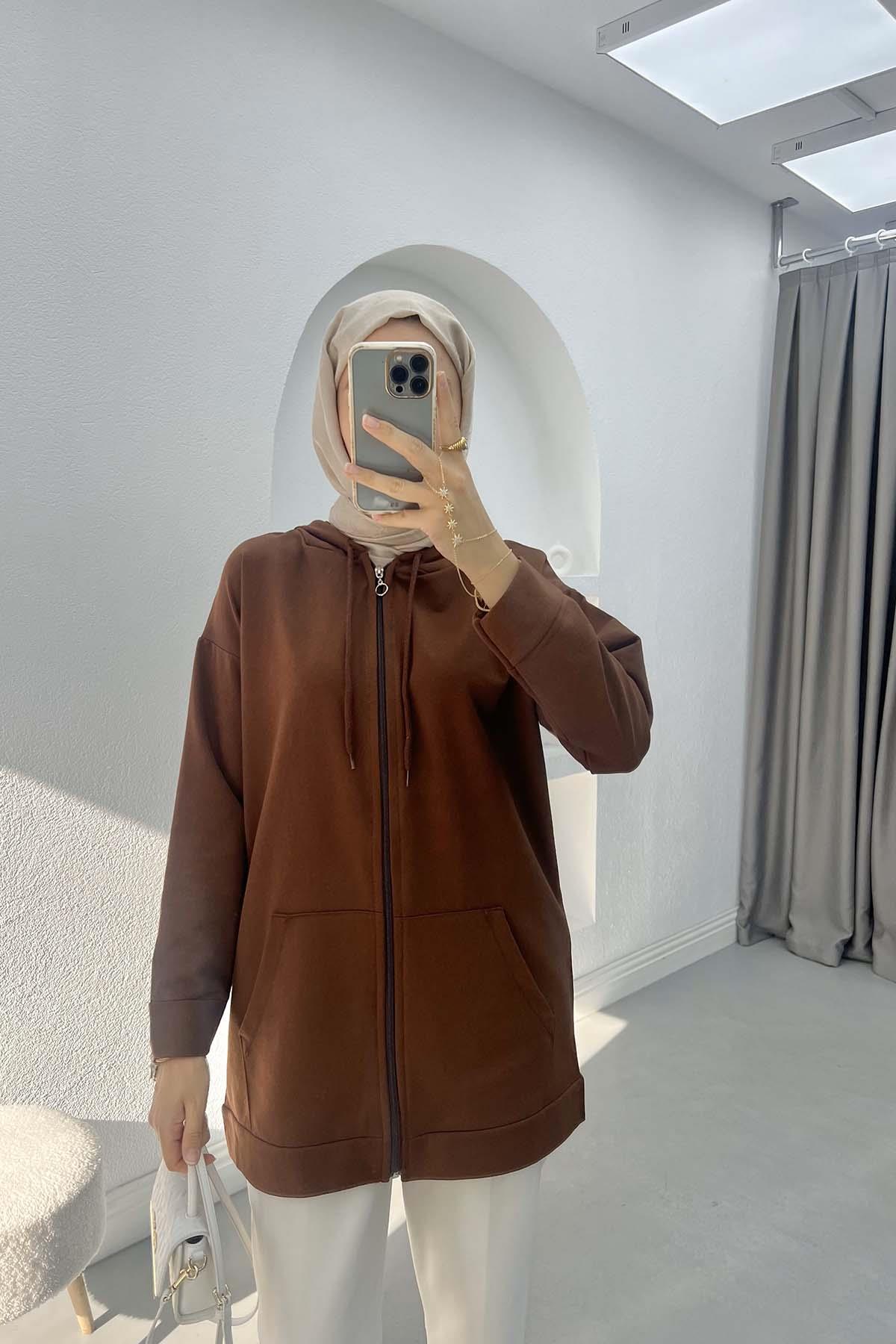 Fermuarlı Okul Sweatshirt Acı Kahve