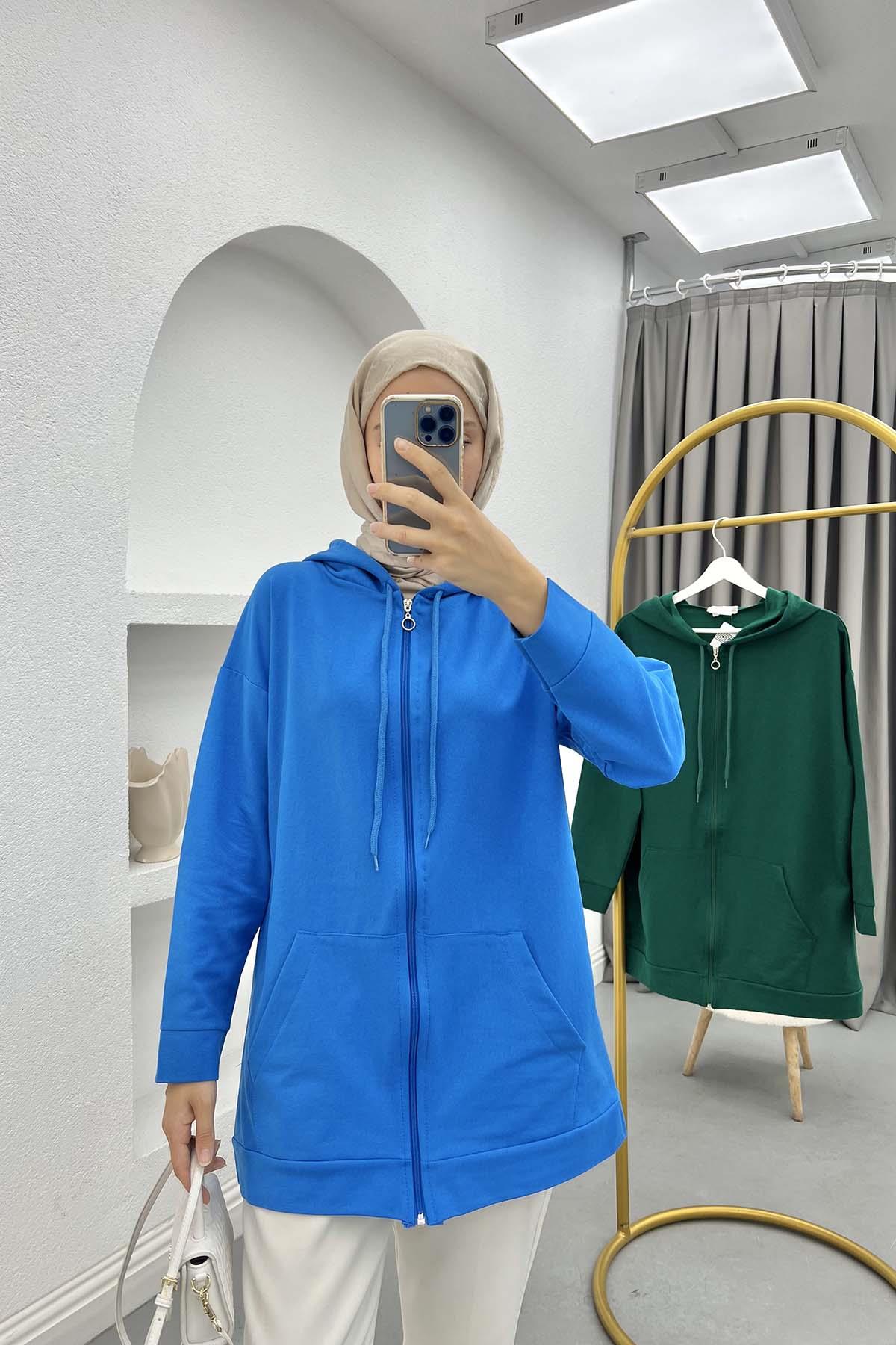 Fermuarlı Okul Sweatshirt Mavi
