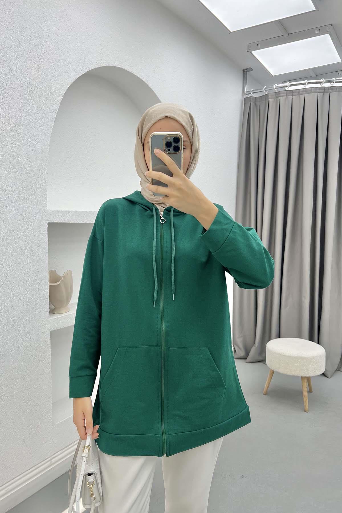 Fermuarlı Okul Sweatshirt Zümrüt Yeşili