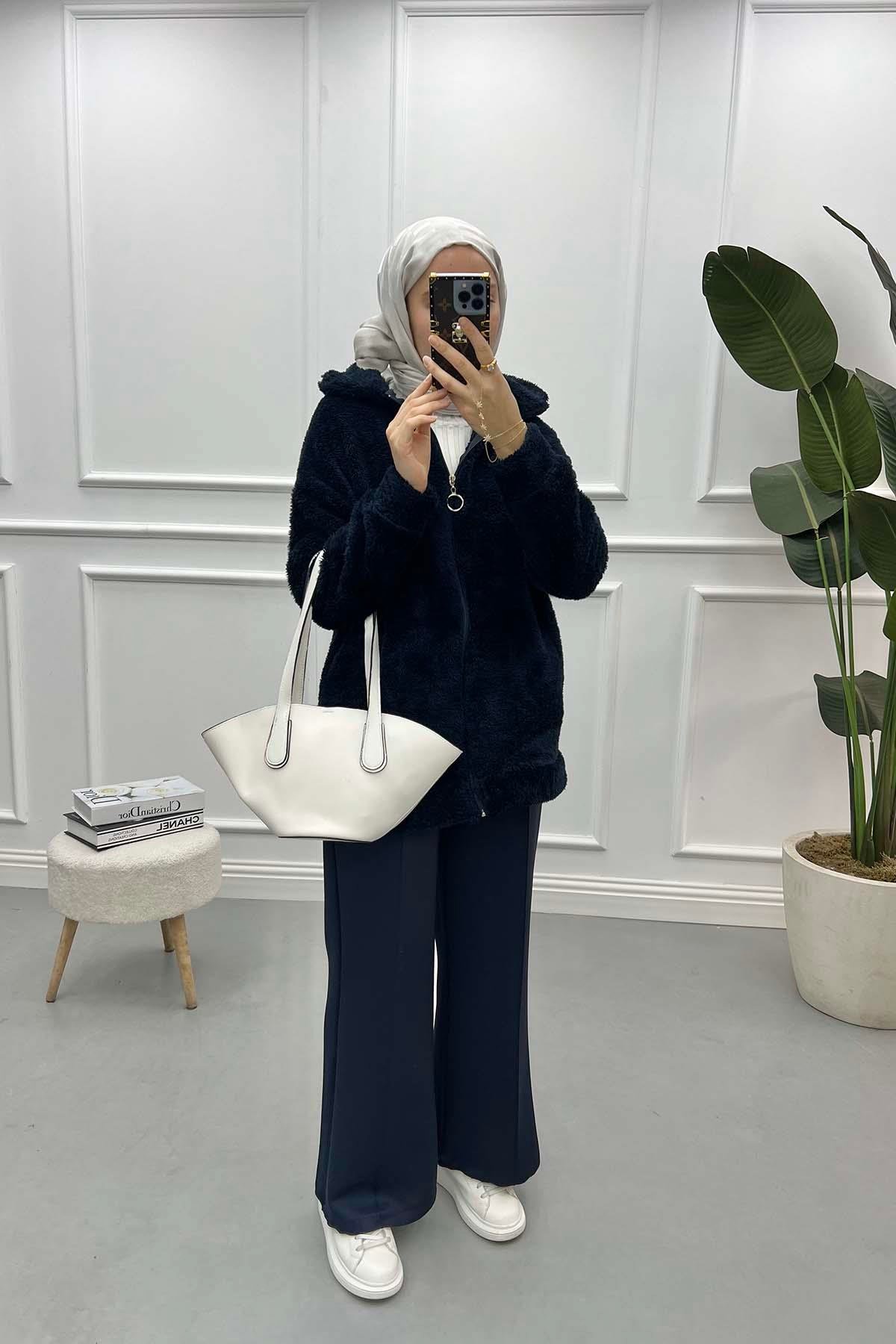 Fermuarlı Peluş Hırka Lacivert
