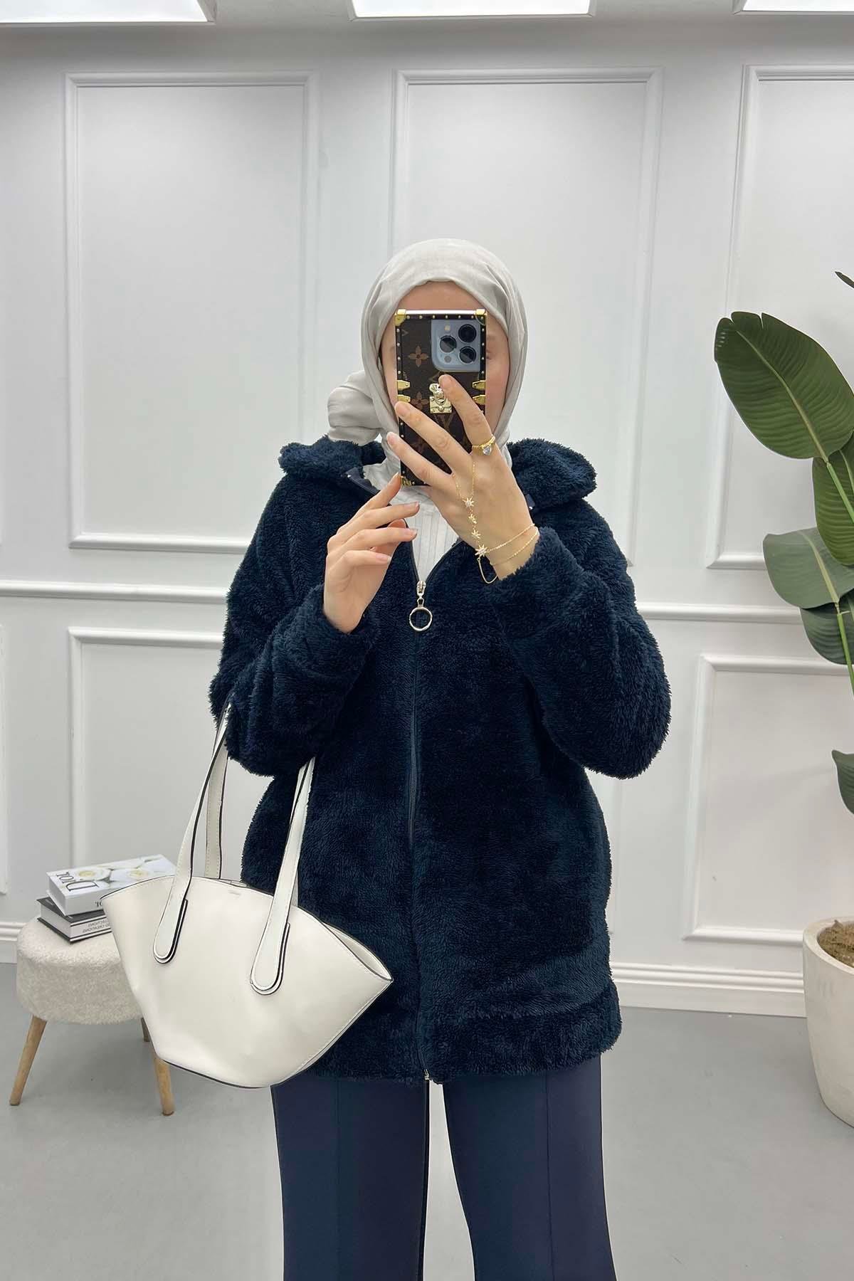 Fermuarlı Peluş Hırka Lacivert