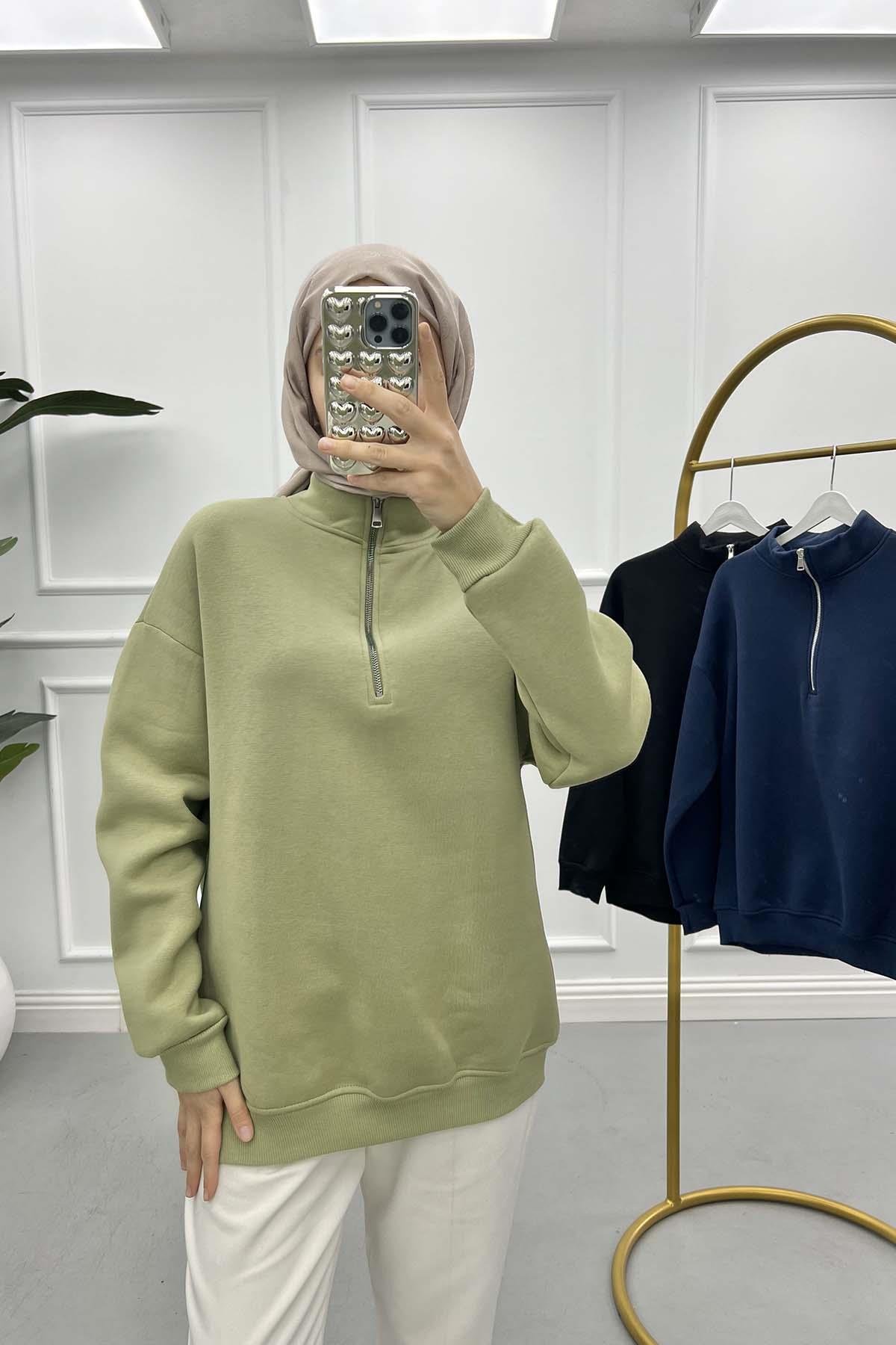 Fermuarlı Üç İplik Sweatshirt Soft Yeşil