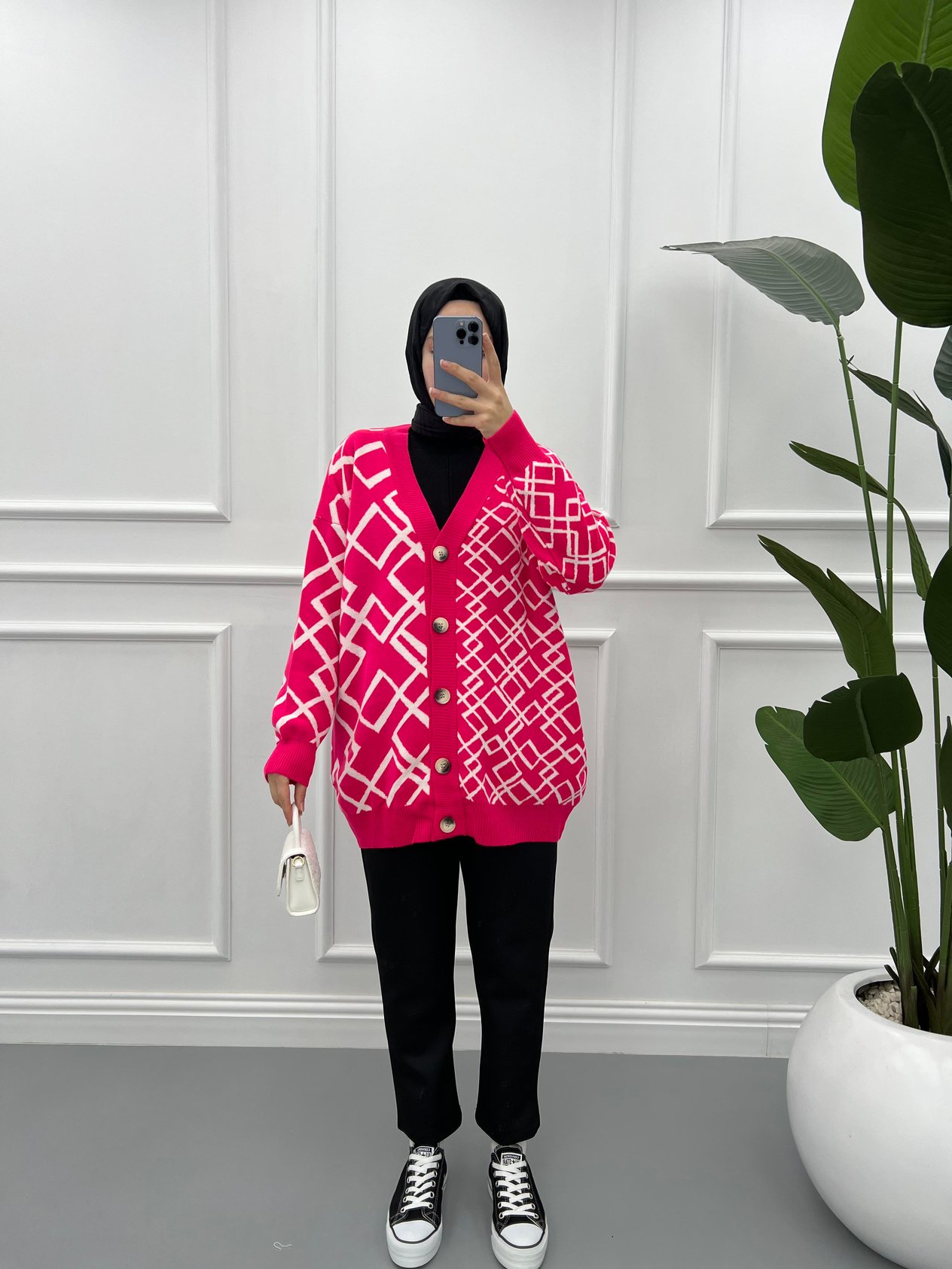 Geometrik Desen Triko Hırka Pembe