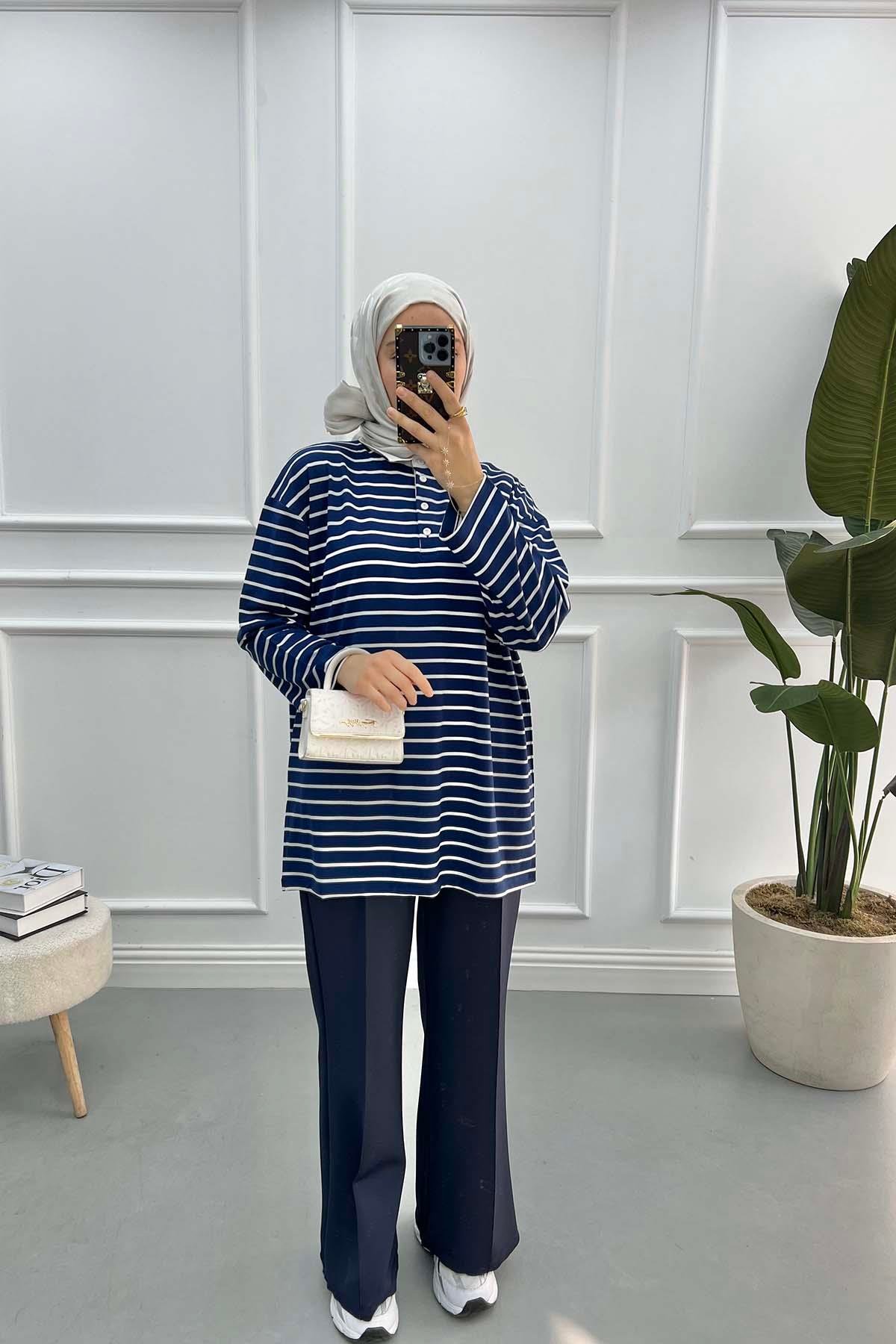 Gömlek Yaka Çizgili Sweatshirt Lacivert