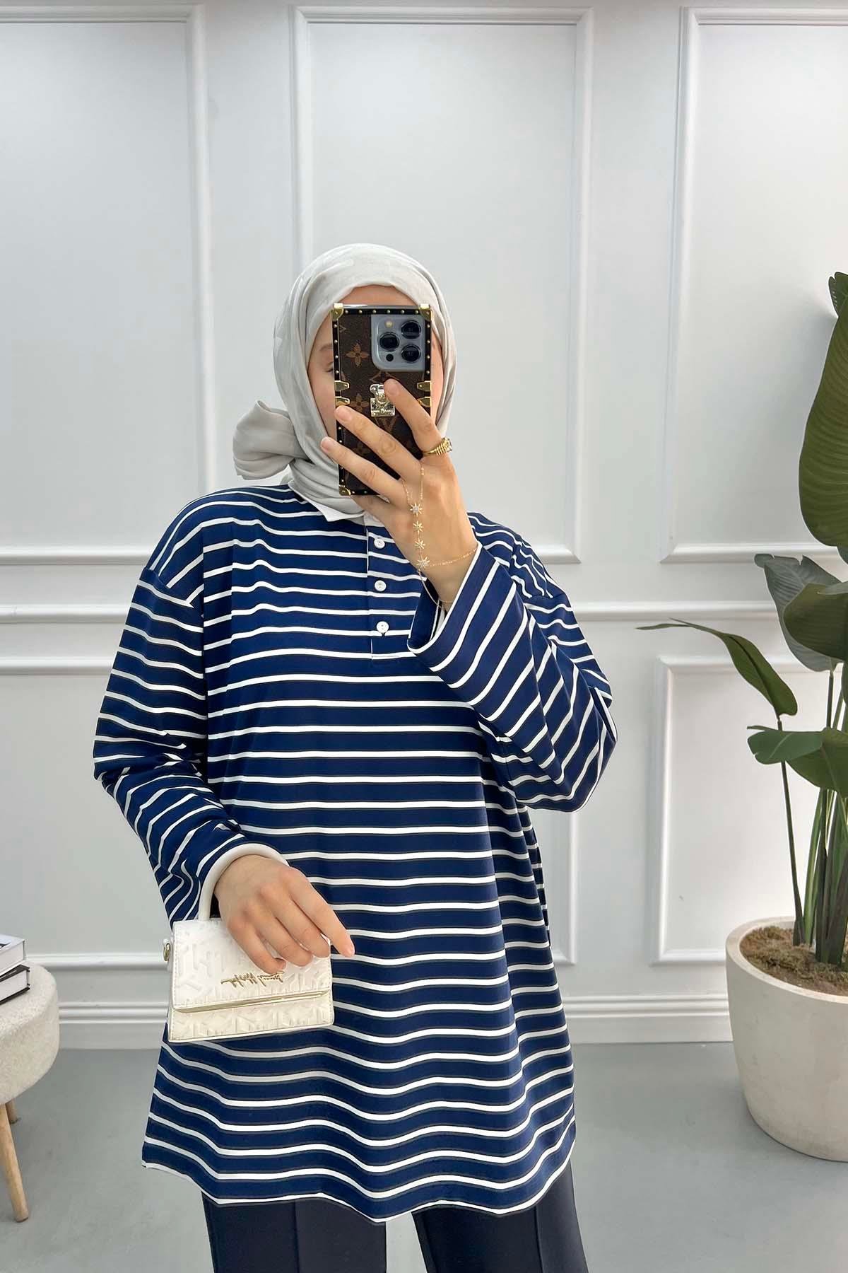 Gömlek Yaka Çizgili Sweatshirt Lacivert
