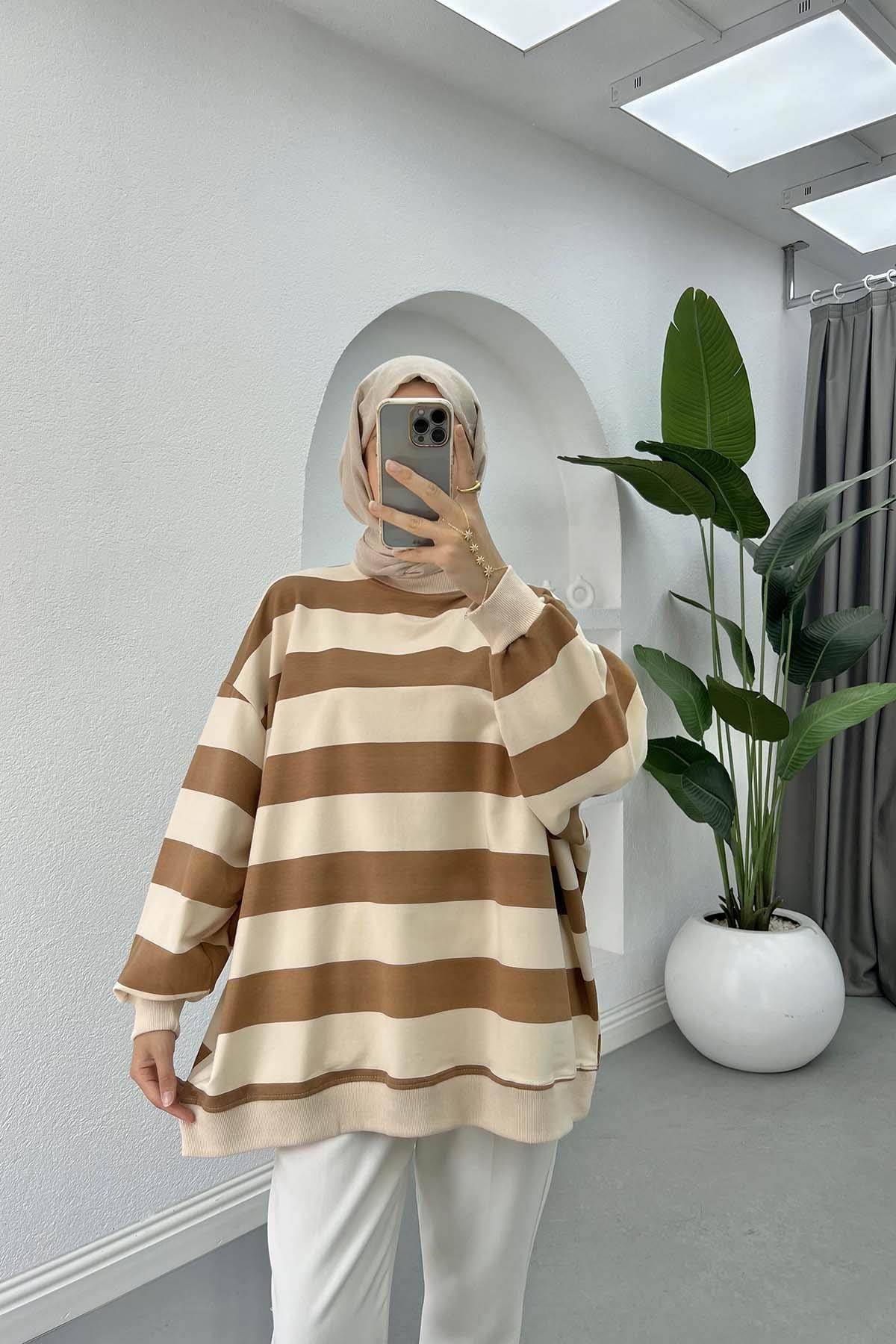Kalın Çizgili Oversize Sweatshirt Kahve