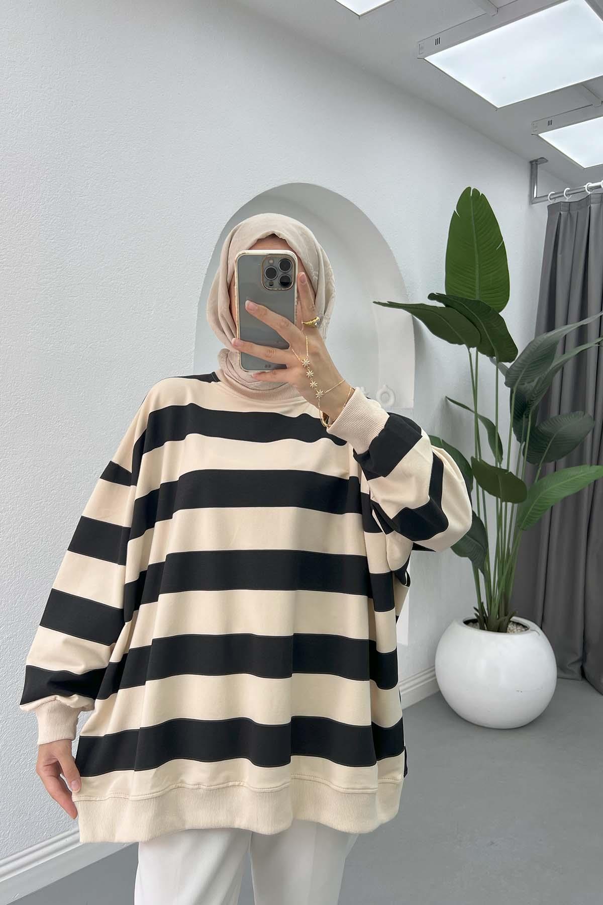 Kalın Çizgili Oversize Sweatshirt Siyah