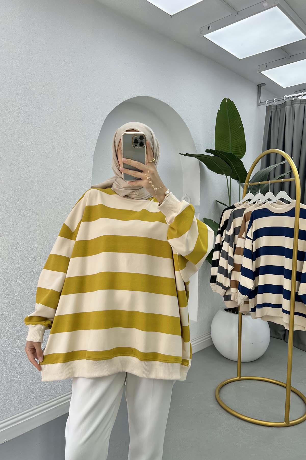 Kalın Çizgili Oversize Sweatshirt Yağ Yeşili