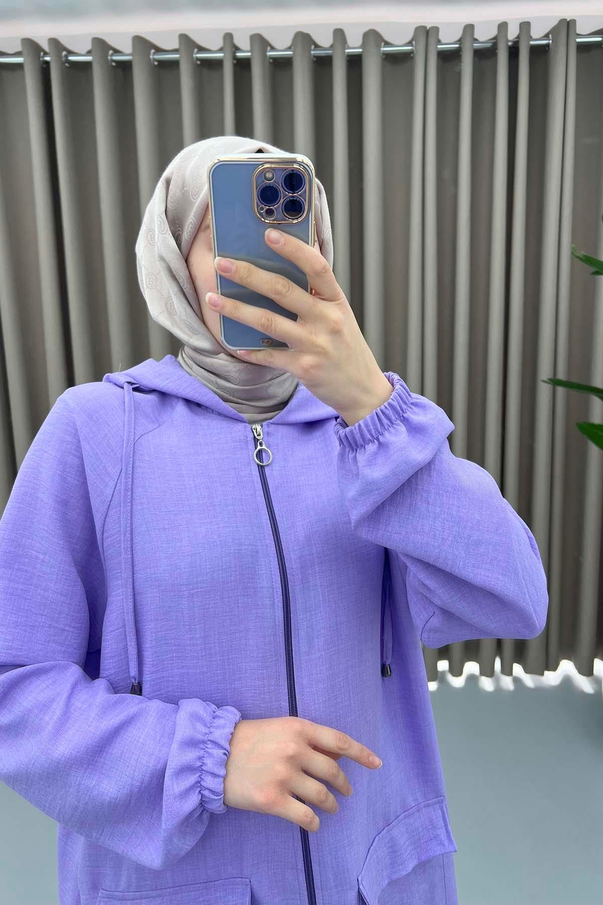 Kapüşonlu Büzgülü Kap Lila