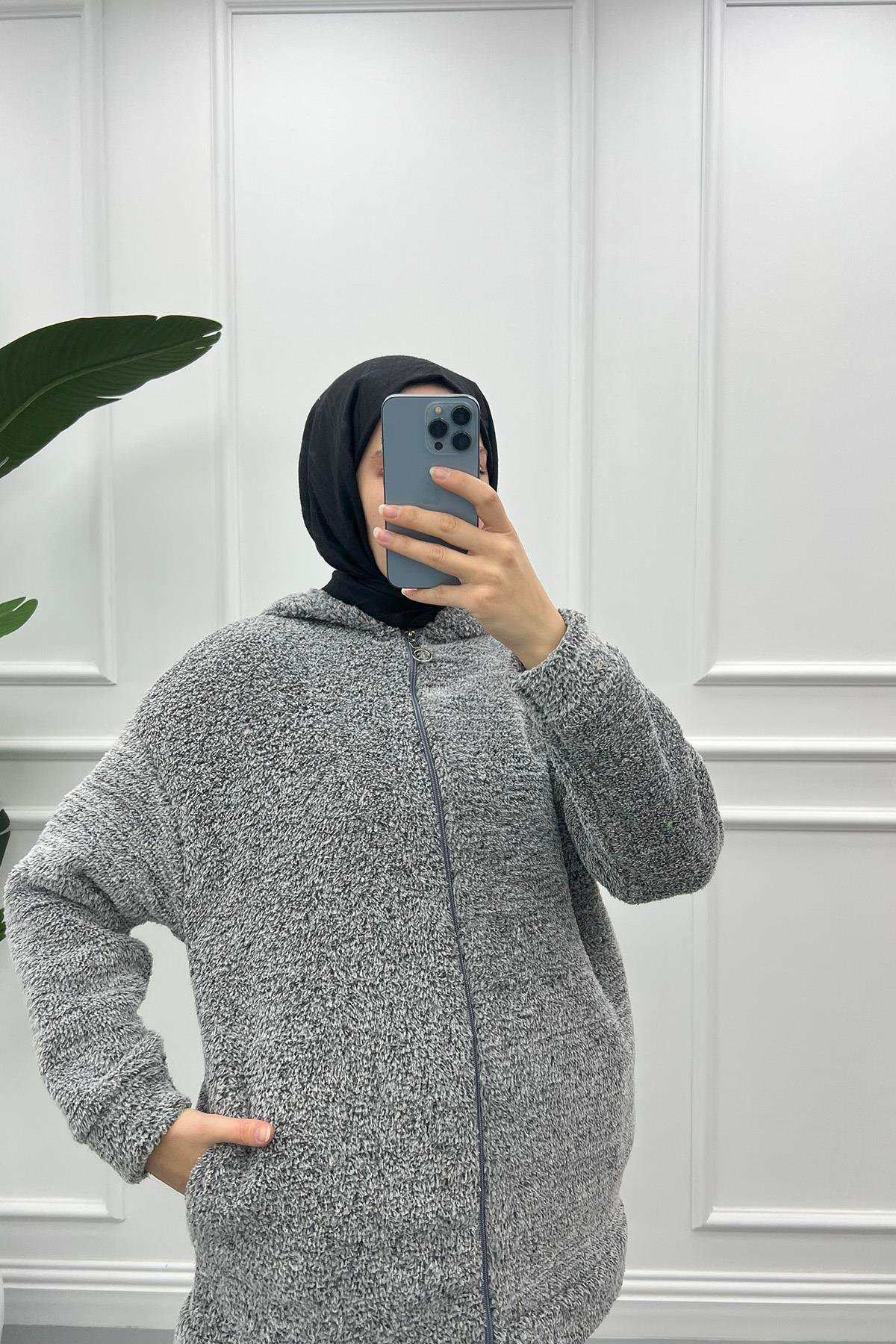 Kapüşonlu Peluş Hırka Gri