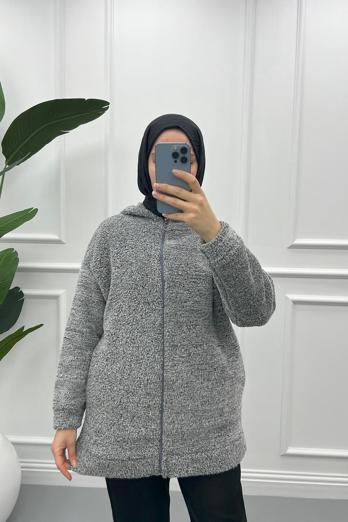 Kapüşonlu Peluş Hırka Gri