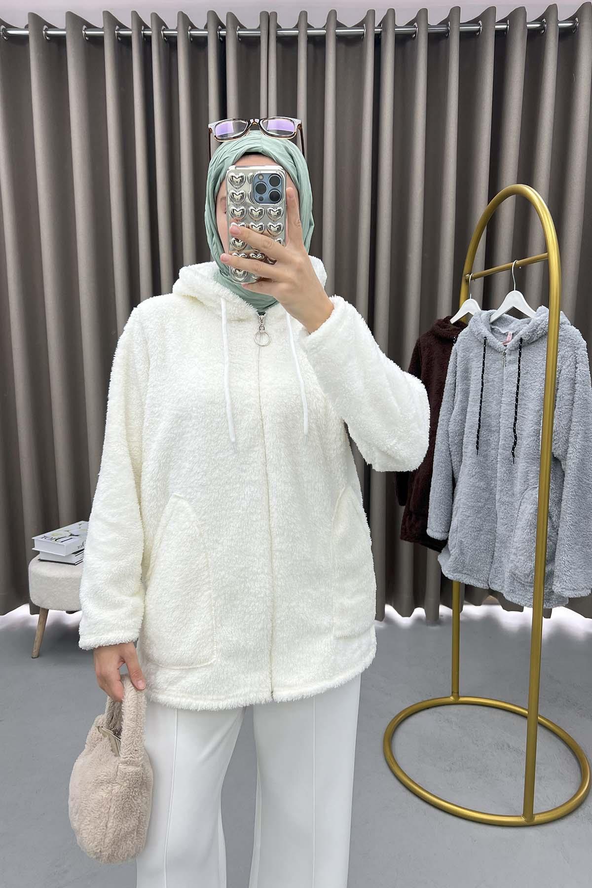 Kapüşonlu Peluş Hırka Krem