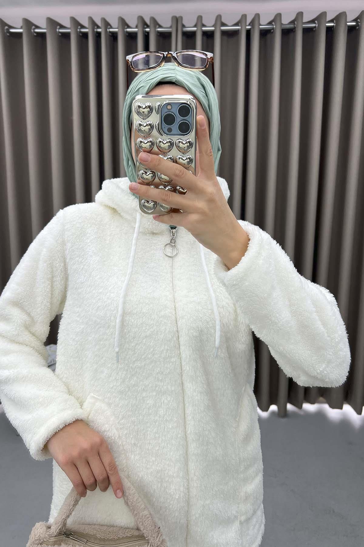 Kapüşonlu Peluş Hırka Krem