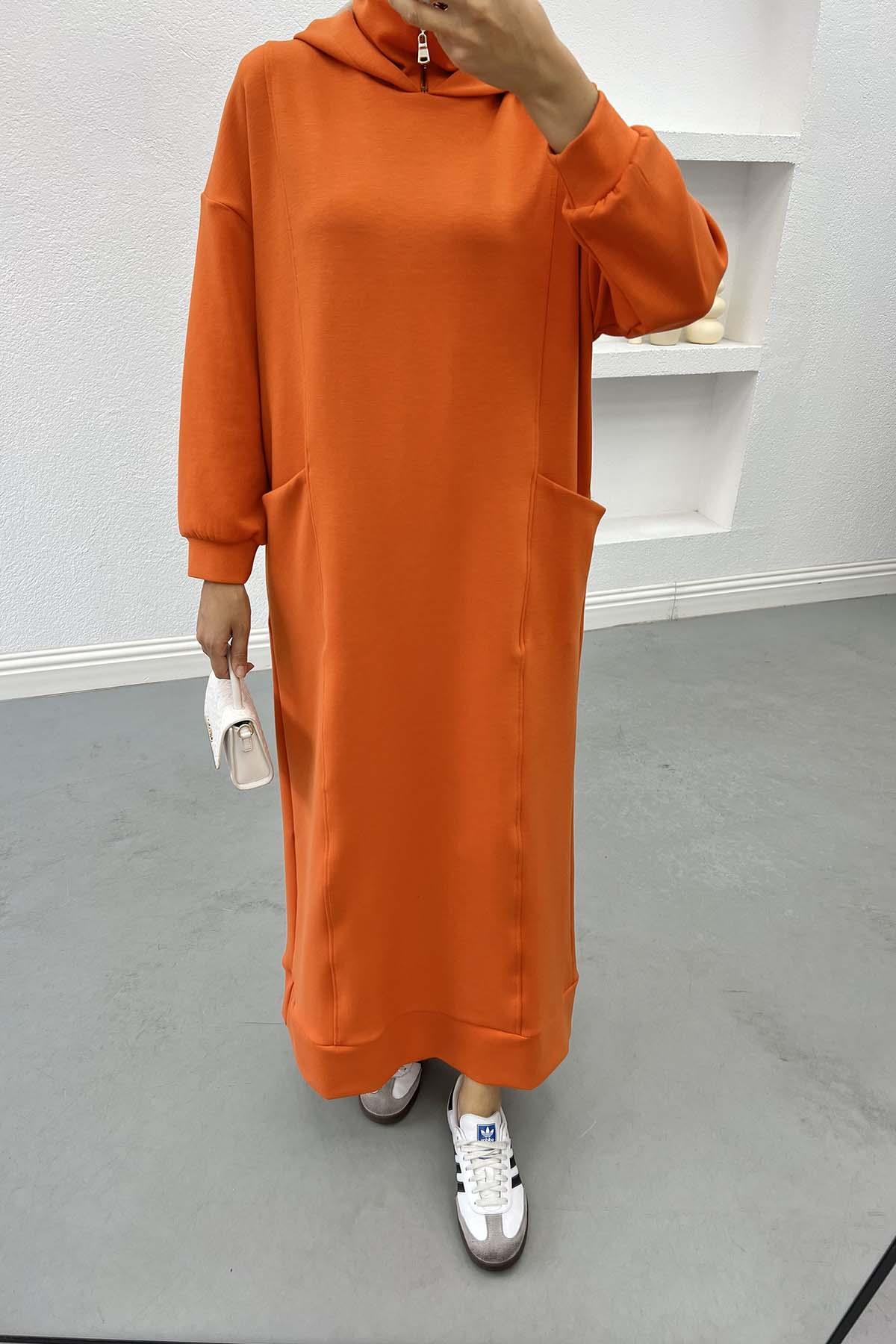 Kapüşonlu Sweat Elbise Turuncu
